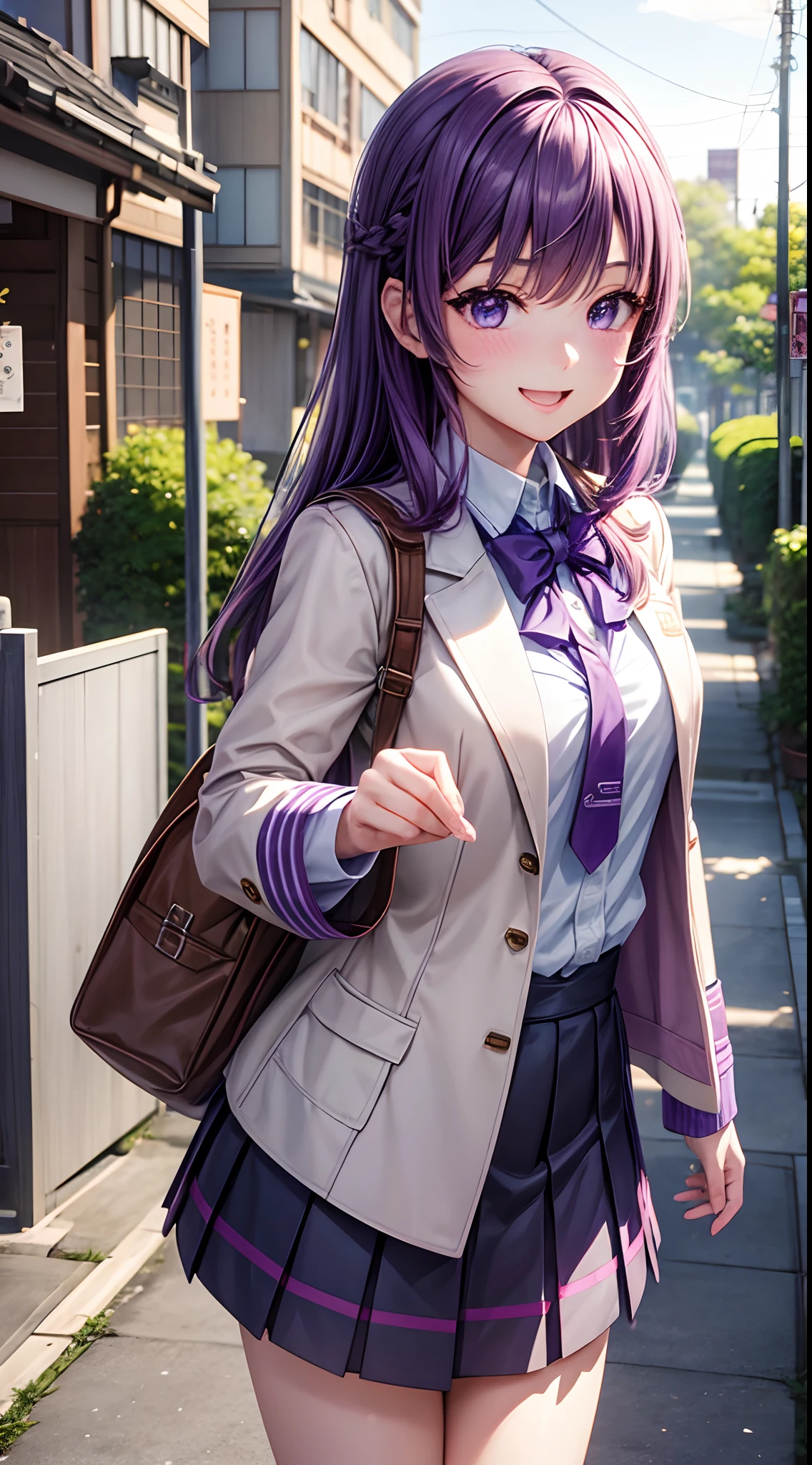 Teenage Female, Violet Hair, Violet Eye, White Summer High School Outfit, Brown Jacket, Japan High School Theme, Happy Emotion mood, Smile, Cute, Portait, 3D, Anime, HDR, HD, Background, RTX, 2K, Masterpiece.