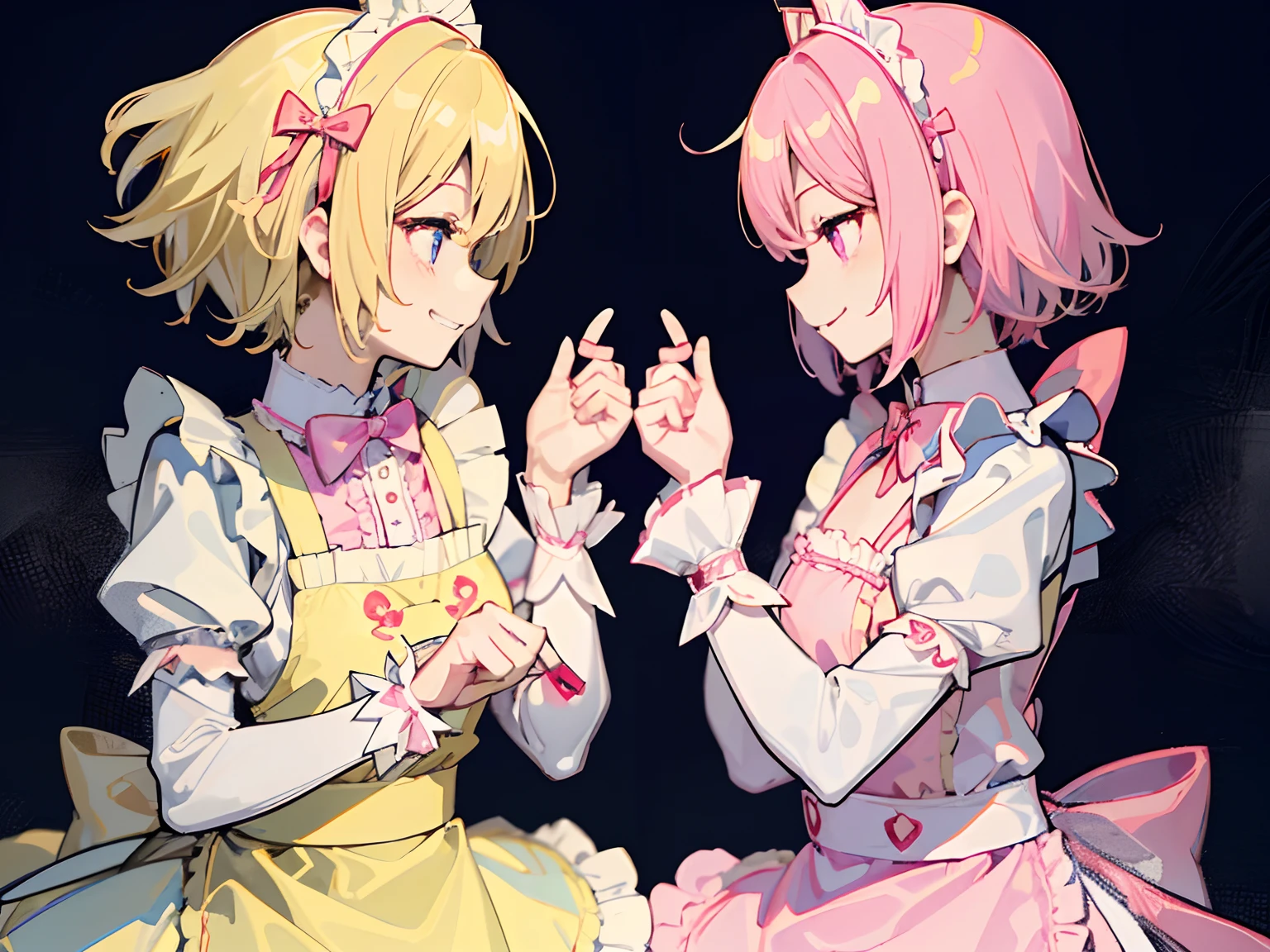 Girls with pink hair, long double-tailed hairstyle, ((small pink bushy eyebrows)), wearing lolita clothing, marked vagina, lolicon (Zankuro) drawing style by zankuro artist, Zancro style, image uploaded to R34, taciturn face , drawing in a notebook while they penetrate her from behind, ((male pov, 1 male grabbing her pussy lips((