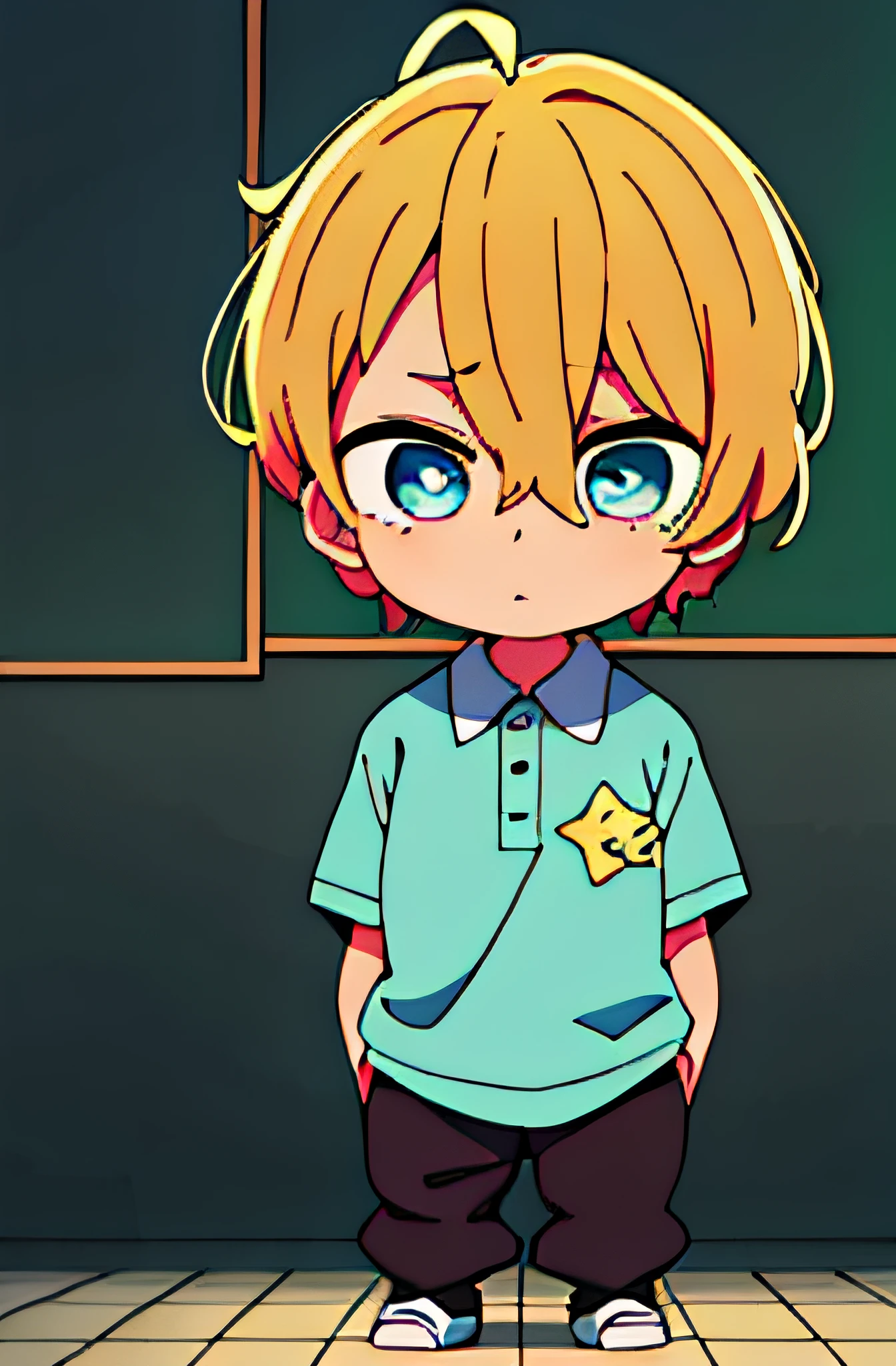 masterpiece, best quality, high quality, 1boy, solo, male focus, looking at viewer, full body, hoshino_aquamarine, star-shaped_pupils, 2.5 head body, chibi