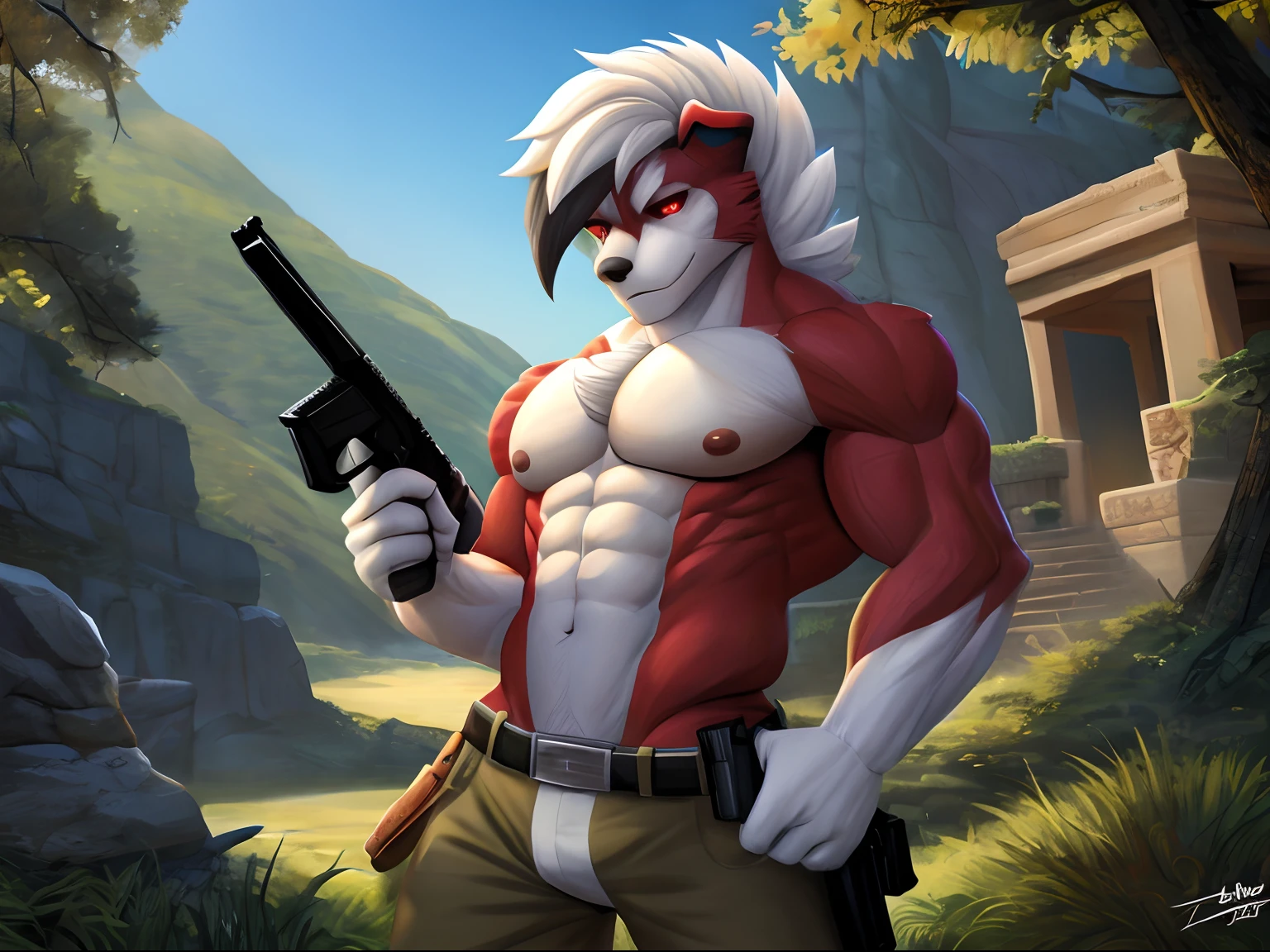 seguro, Beautiful, incredible, impressionante, poster, sozinho, (Twilight Lycanroc), antro, Clothes, usando roupas da segunda guerra alemanha, general, soldado, jaqueta de couro, with a gun in hand, pistol, perfect gun, com chapeu de general, Pants, Antecedentes detalhados, cidade, Outside, corpo fisico forte, grande peitorais estufados marcado na roupa de guerra alemanha grandes, macho, man, men