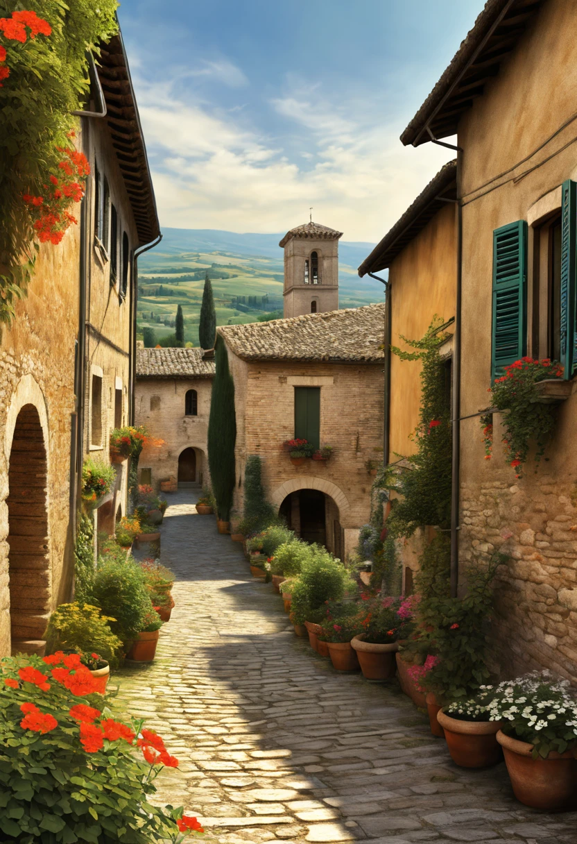 Spello, Umbria Italy landscape, Digital illustration, Hyper-Detailed, 16k, Multicolor, Intricate, Elegant, harmonic translucent colors, precise, exquisite, complex, realistic digital painting extremely detailed fantasy beautiful ultra detailed high definition colourful hdr Richard Estes