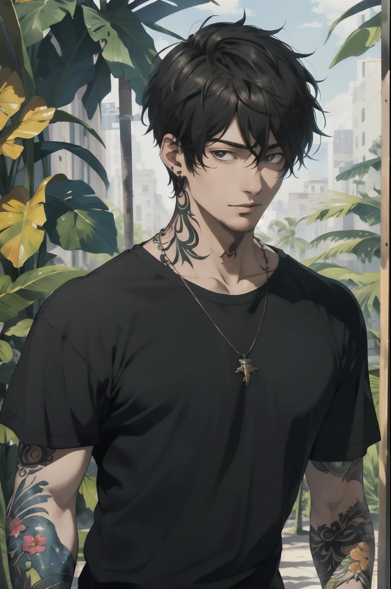 An 18 year old BOY; Clear Skin; Italian; anime style; black hair; black, penetrating eyes; with tattoos and wearing a black blouse; his distant look 2D; with a provocative smile; bad boy, He has a piercing on his lip and wears earrings, his hair is medium length and his tattoos are on his neck and arms.  