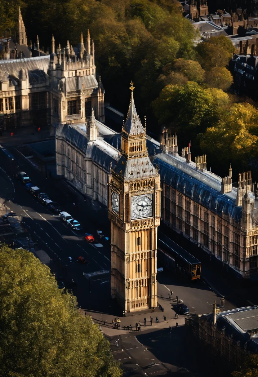 Aerial photograph of a house in the UK,Big Ben, london, Rich in detail，photo realistic style:Photogram