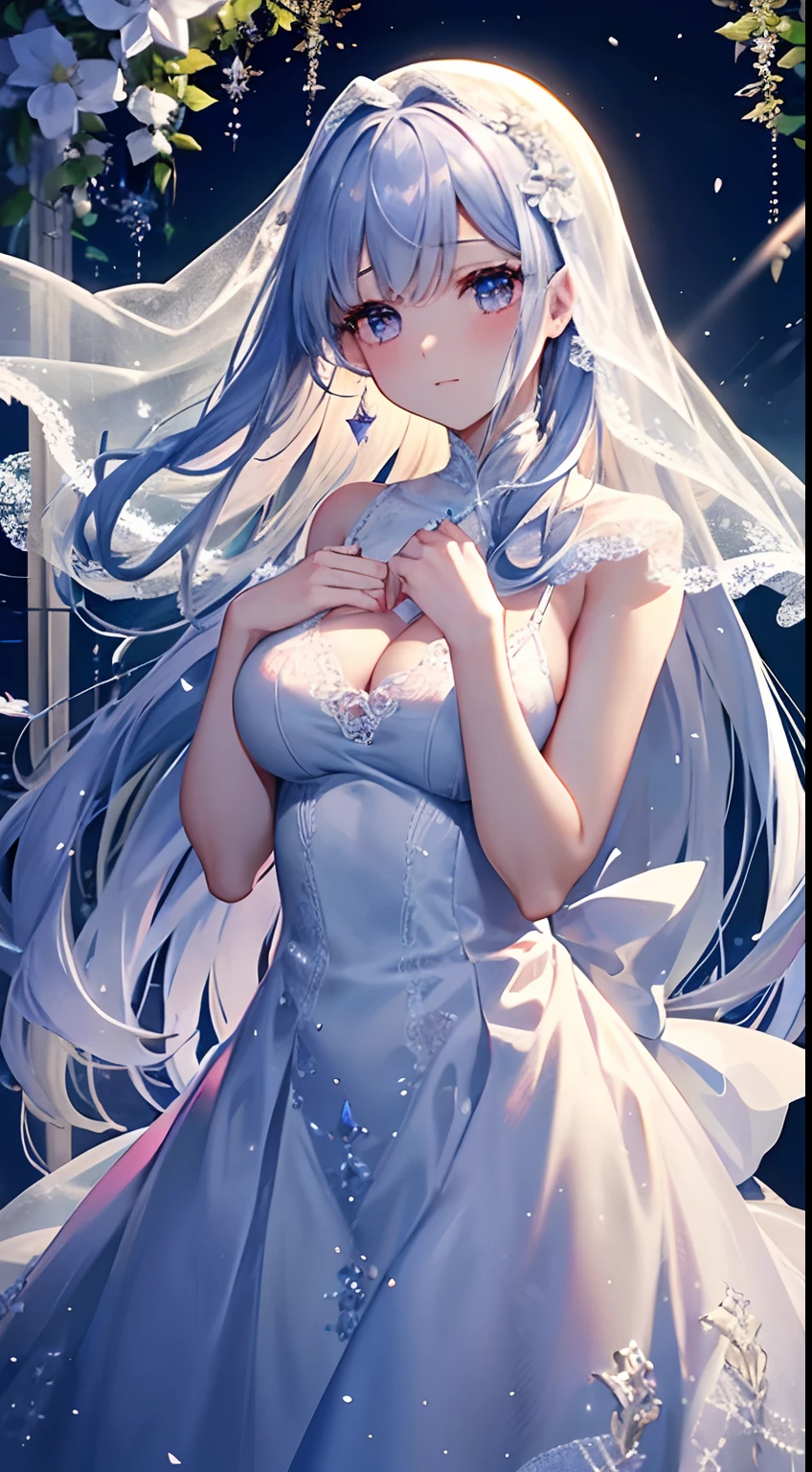 女の子1人、masutepiece、top-quality、Delicate and beautiful、white hair、beautiful and delicate long hair、Long veil、爆乳、Delicate and beautiful white lace dress、Bejeweled dresses、Beautiful garnet-colored eyes、Enchanted breasts、Delicate and beautiful flower garden、Snow falls on top of shimmering snow、Moonlight、nigh sky、Beautiful lace ribbon、Ephemeral atmosphere、Gentle expression、Delicate and fine、4K、high-level image quality、The upper part of the body、Glitter、Sheer dresses