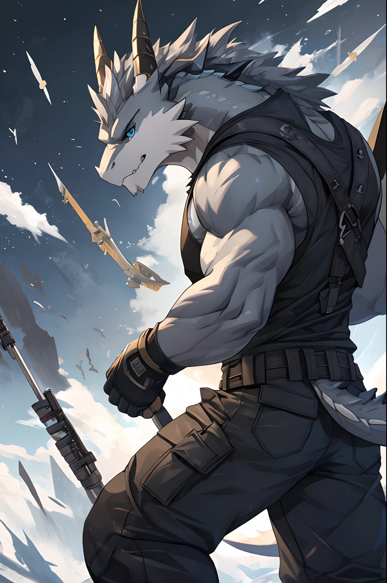 Masterpiece, Cool Pose, Furry Gray Dragon, Medium Strong Body, Blue Eyes, Grey Medium Hair, Combat Tank Top, Combat Gloves, Combat Pants, Fierce, Good looking