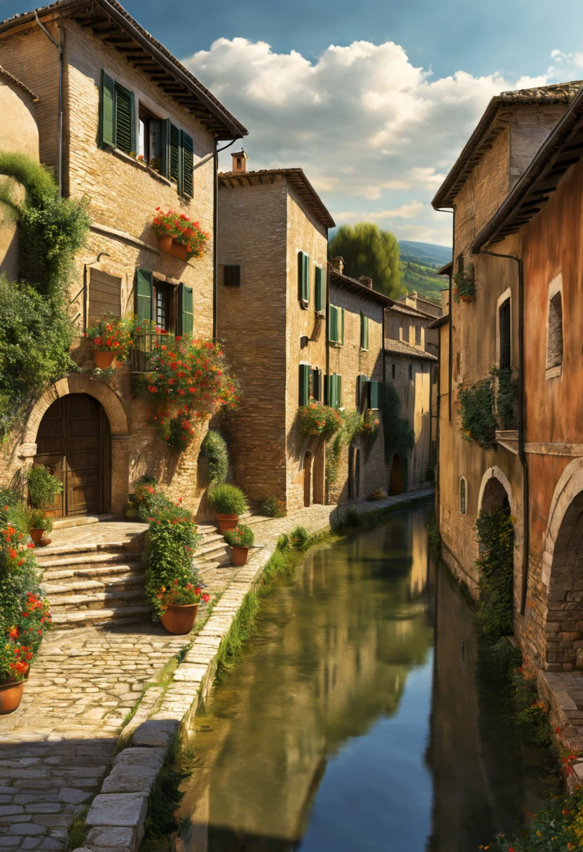 Spello, Umbria Italy landscape, Digital illustration, Hyper-Detailed, 16k, Multicolor, Intricate, Elegant, harmonic translucent colors, precise, exquisite, complex, realistic digital painting extremely detailed fantasy beautiful ultra detailed high definition colourful hdr Richard Estes