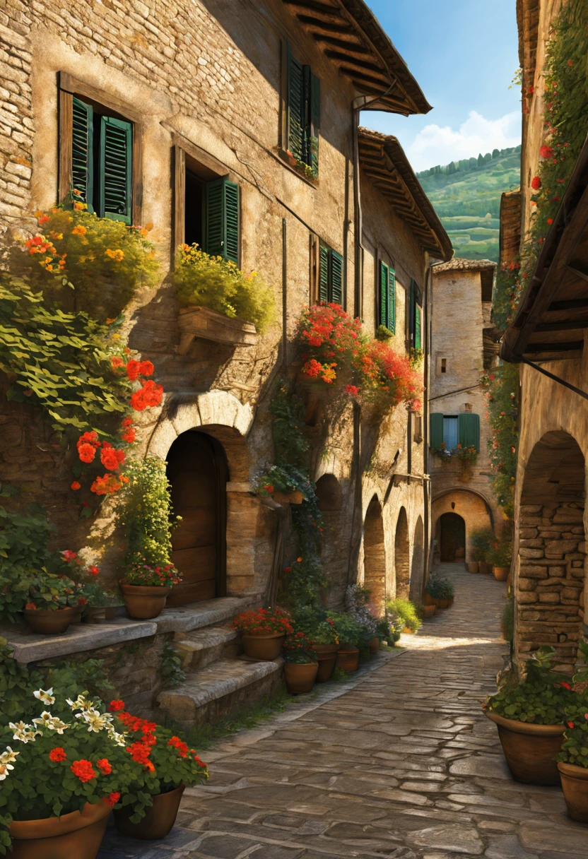 Spello, Umbria Italy landscape, Digital illustration, Hyper-Detailed, 16k, Multicolor, Intricate, Elegant, harmonic translucent colors, precise, exquisite, complex, realistic digital painting extremely detailed fantasy beautiful ultra detailed high definition colourful hdr Richard Estes