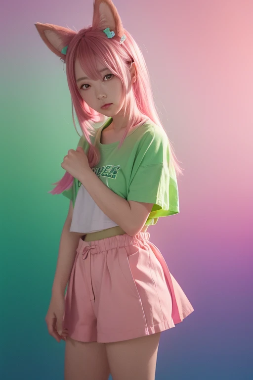 1girl in, animal_Ears, gradient, gradient_Background, Green_Background, up looking_で_viewer, Pink_hair, Solo by JM