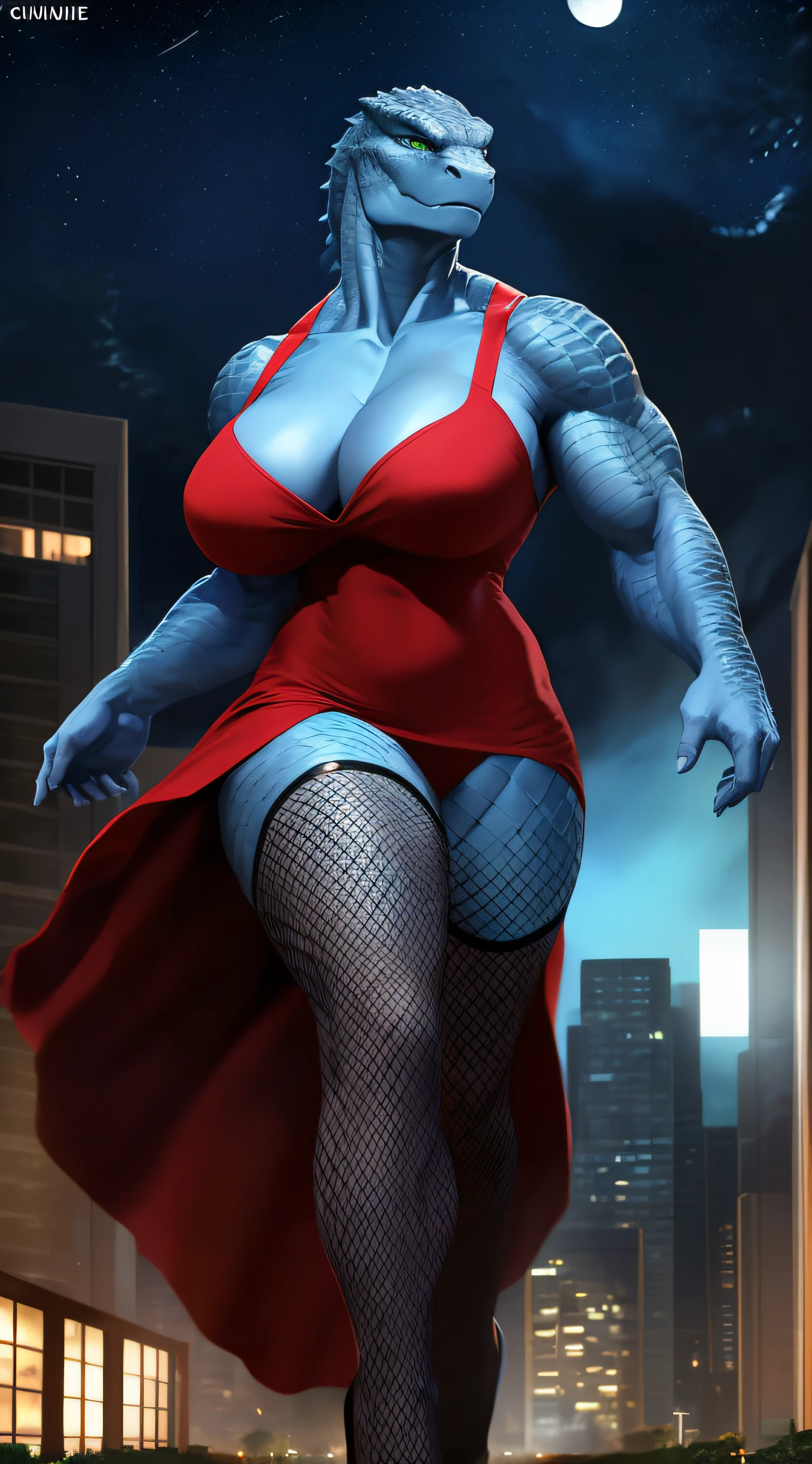 Cinematic frame shot, solo ((godzilla)) with ((green eyes, clear green eyes)), ((full-length portrait)), (((((wearing a red dress and wearing fishnet tights)))), (((detailed Chunie anthro godzilla))), (Walking in a modern city, buildings in the background, a park in the background, passersby in the distance, night)), night (starry sky, nightscape background), (((Mid view))), ((ambient light coming from the moon)), [higher body and limbs detail], [realistic proportions], [explict content], [sharp focus], (questionable content), ((masterpiece)),furry female, solo, big breasts, Sky Blue scales, Sky Blue body, detailed scaly skin, sky blue skin, tail, muscular build, muscular woman, robust muscular body, strong body,muscular arms,strong legs, sixpack