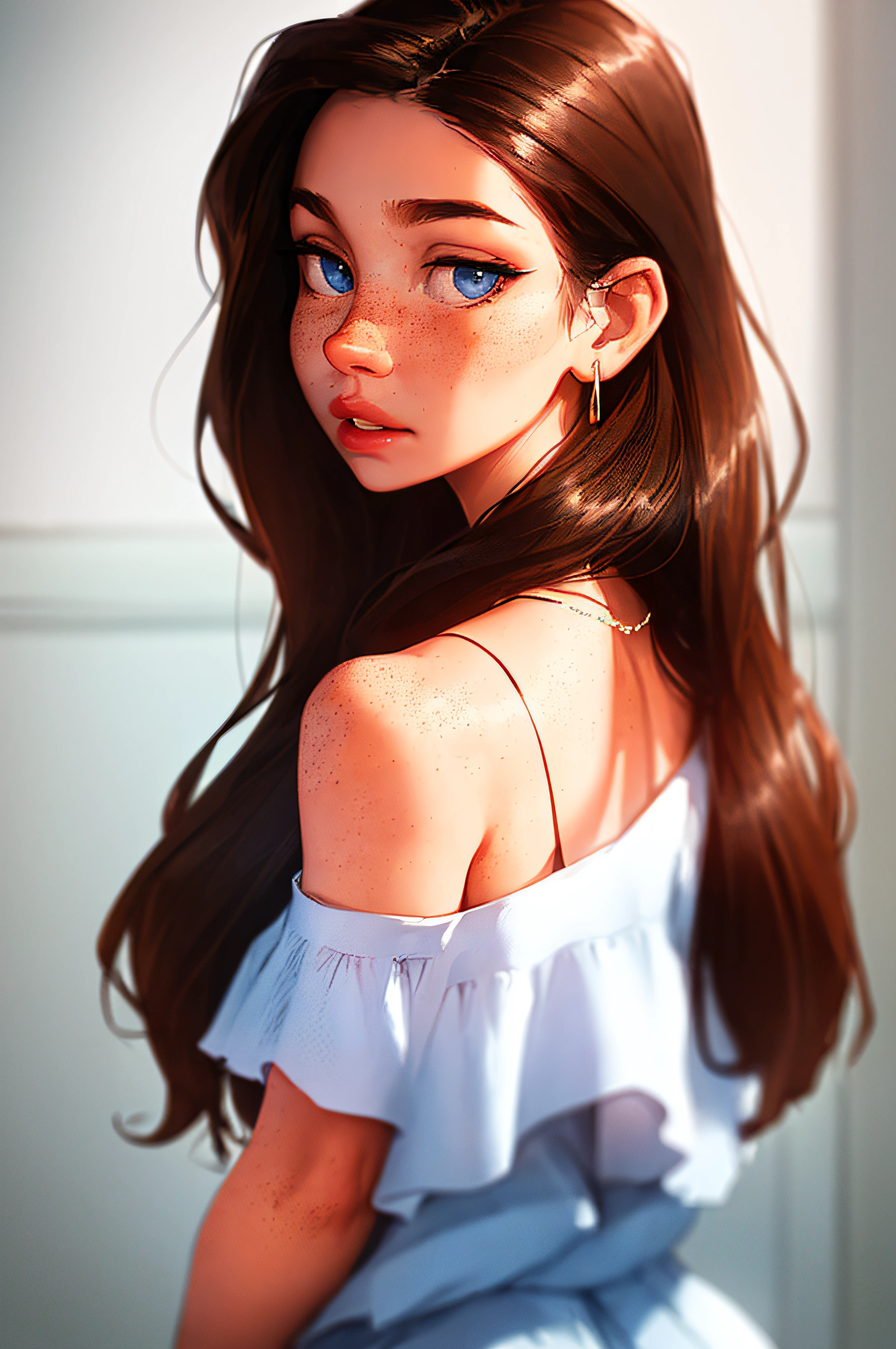 sam yang,

1girl, back, bare shoulders, blue eyes, brown hair, earrings, freckles, jewelry, lips, long hair, looking at viewer, looking back, necklace, off shoulder, parted lips, portrait, day, depth of field, solo

, ((masterpiece))