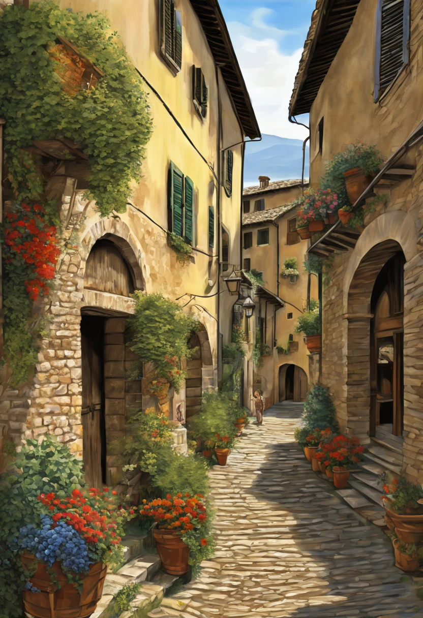 Spello, Umbria Italy landscape, Digital illustration, Hyper-Detailed, 16k, Multicolor, Intricate, Elegant, harmonic translucent colors, precise, exquisite, complex, realistic digital painting extremely detailed fantasy beautiful ultra detailed high definition colourful hdr Richard Estes