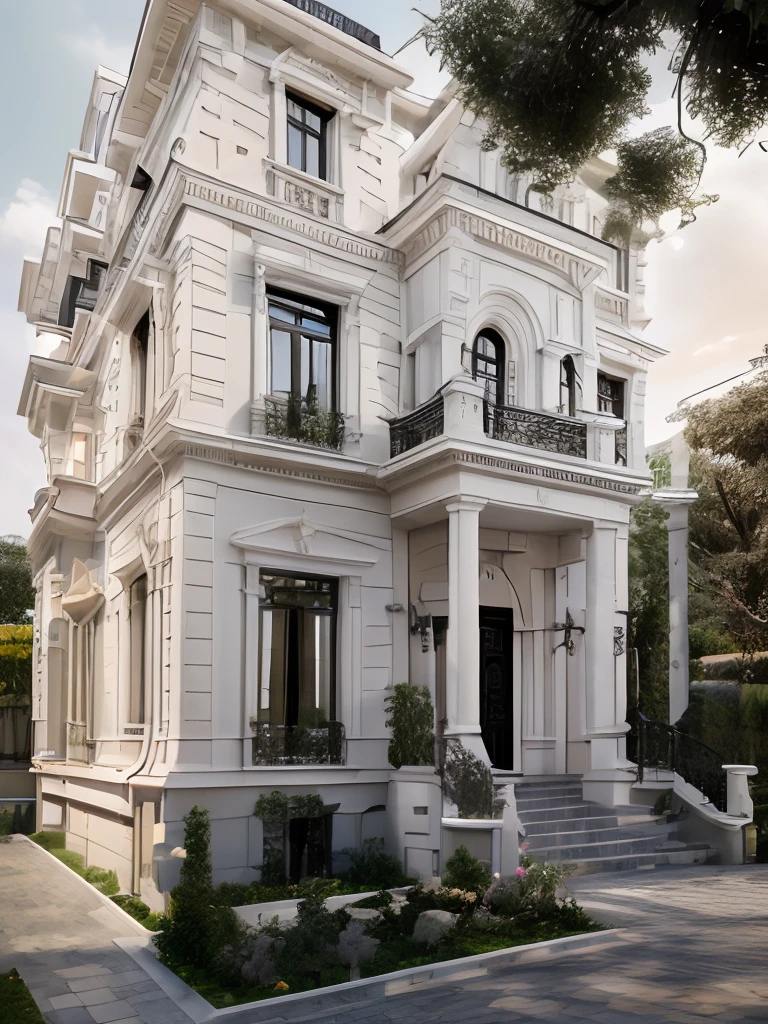 RAW photo, Masterpiece, high quality, best quality, authentic, super detail, exterior, (Louis style villa in the countryside), (white walls: 1.1), dark gray stone base, white painted railings, brown wooden glass windows, garden, landscape, trees, beach grass, ((sunset)), sky, archdaily architecture, (high detailed :1.2), 8k uhd, dslr, soft lighting, high quality, photography (Nikon Z7 với Nikon Z 70-200mm f-2.8 VR S)