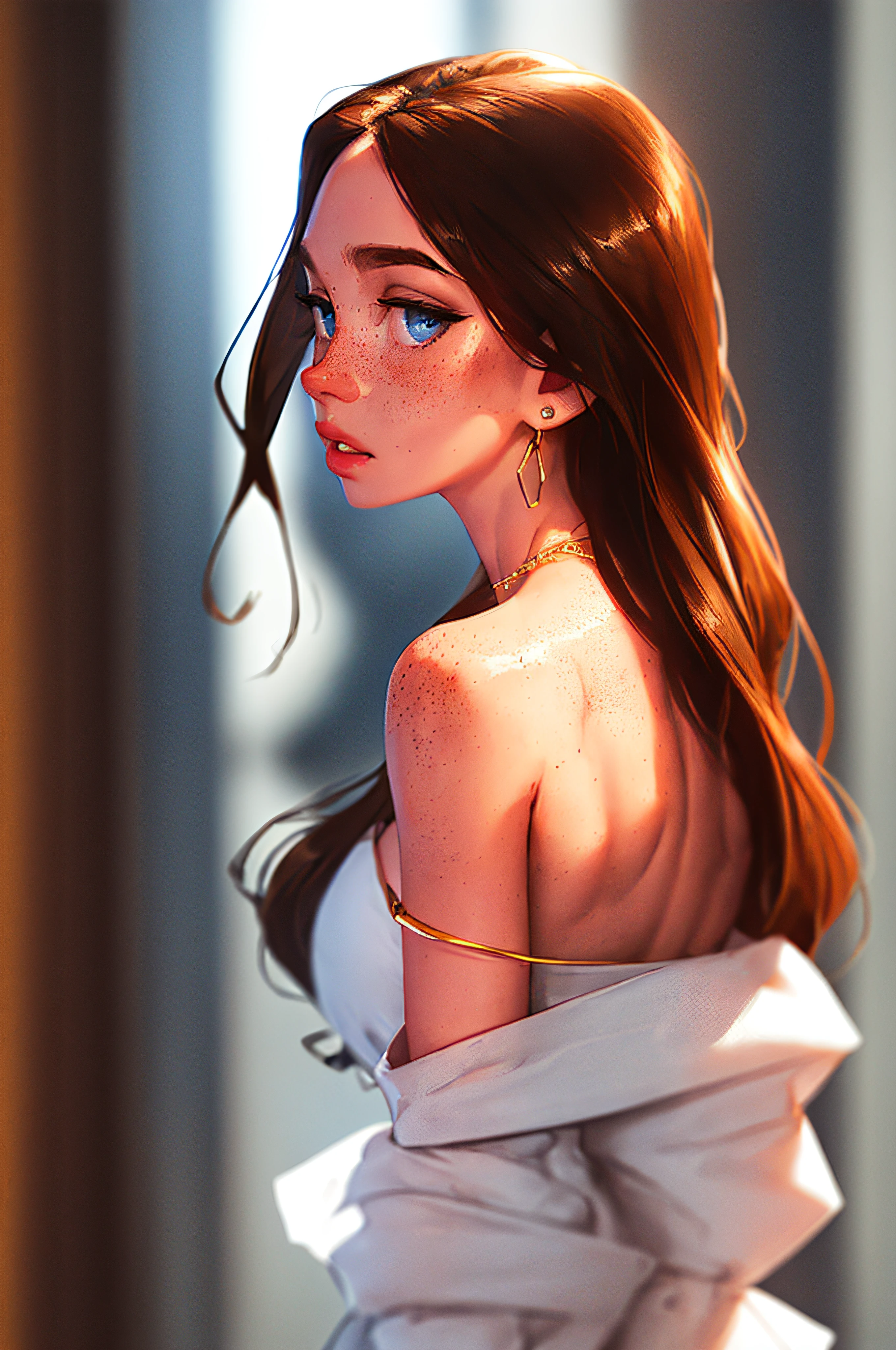 sam yang,

1girl, back, bare shoulders, blue eyes, brown hair, earrings, freckles, jewelry, lips, long hair, looking at viewer, looking back, necklace, off shoulder, parted lips, portrait, day, depth of field, solo

, ((masterpiece))