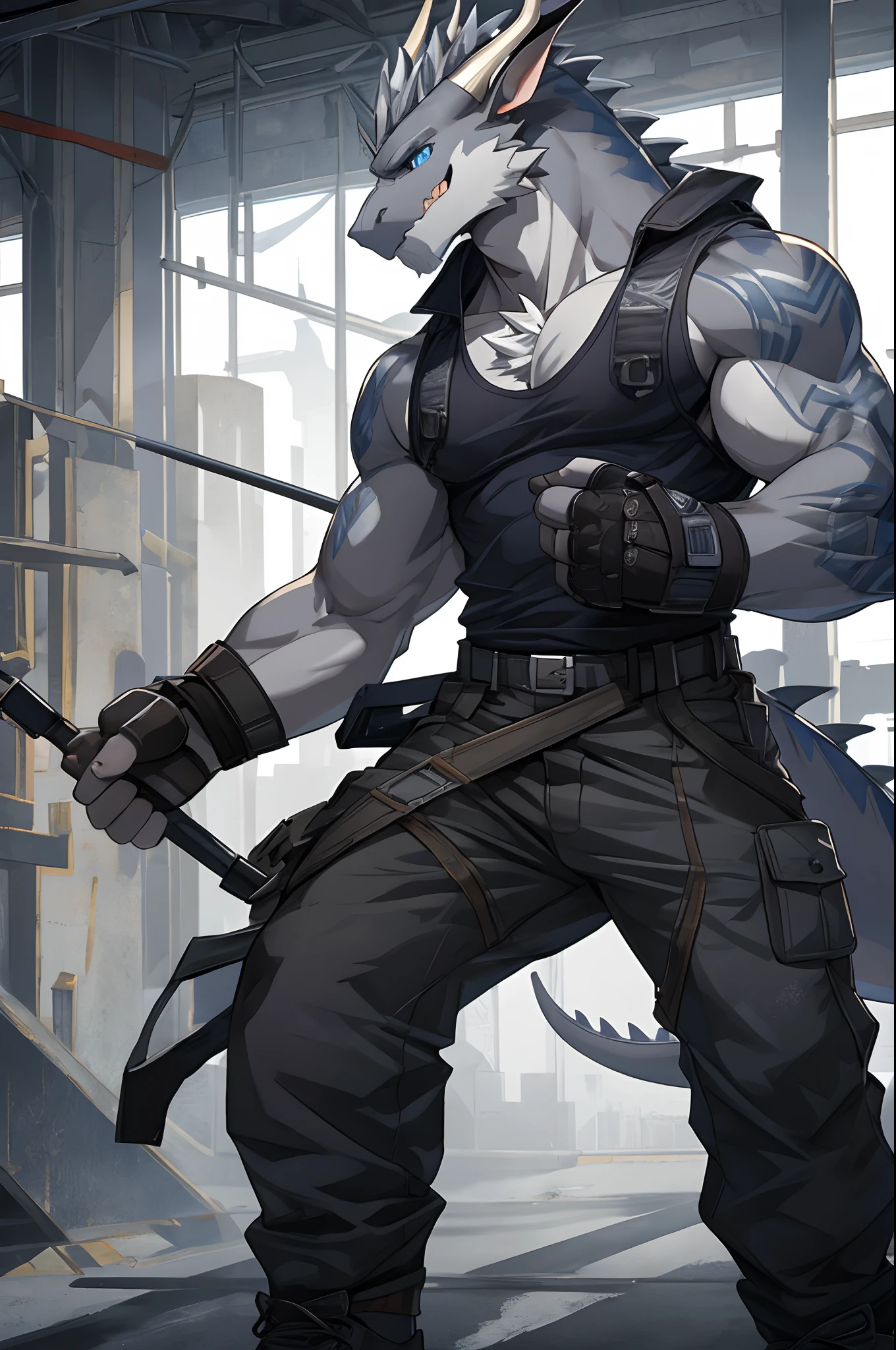 Masterpiece, Cool Pose, Furry Gray Dragon, Medium Strong Body, Blue Eyes, Grey Medium Hair, Combat Tank Top, Combat Gloves, Combat Pants, Fierce, Good looking