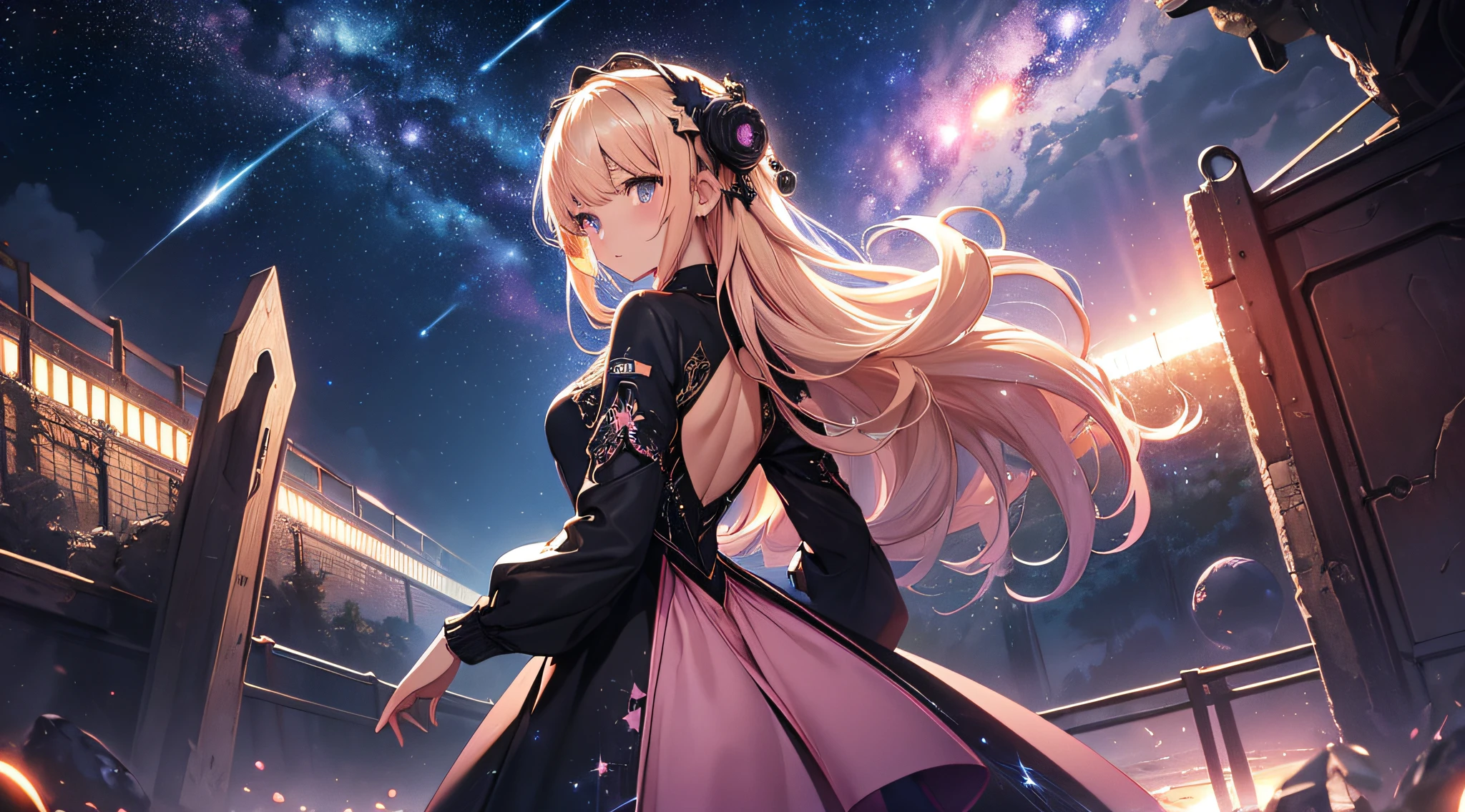 masterpiece、Background with((Fantastic starry sky、meteors、black hole))、Depth((Planets that glow pink))、a beauty girl、One-piece high-detail embroidery、Rear view、Blonde Long、heavy wind、
