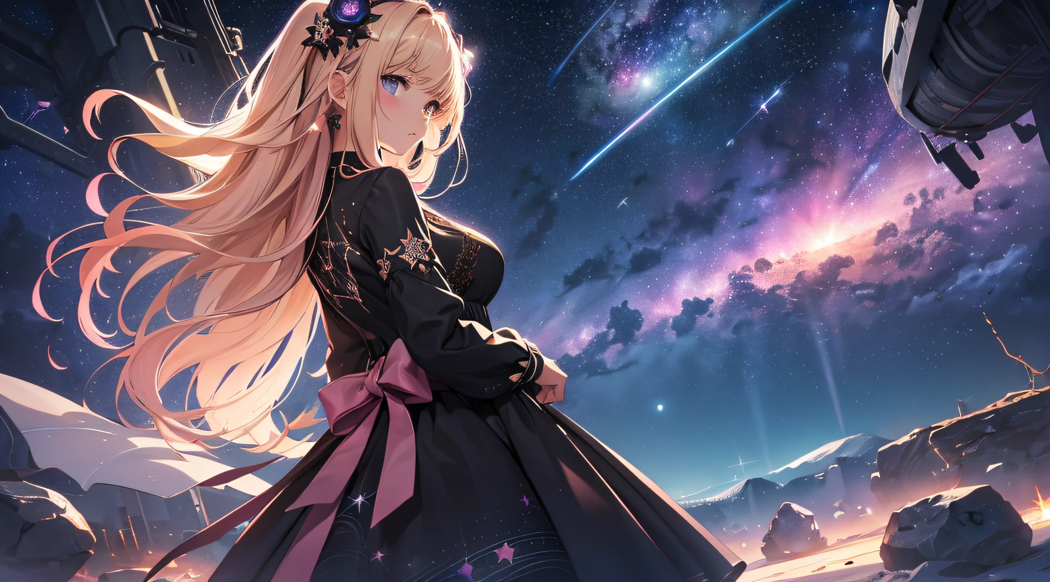 masterpiece、Background with((Fantastic starry sky、meteors、black hole))、Depth((Planets that glow pink))、a beauty girl、One-piece high-detail embroidery、Rear view、Blonde Long、heavy wind、
