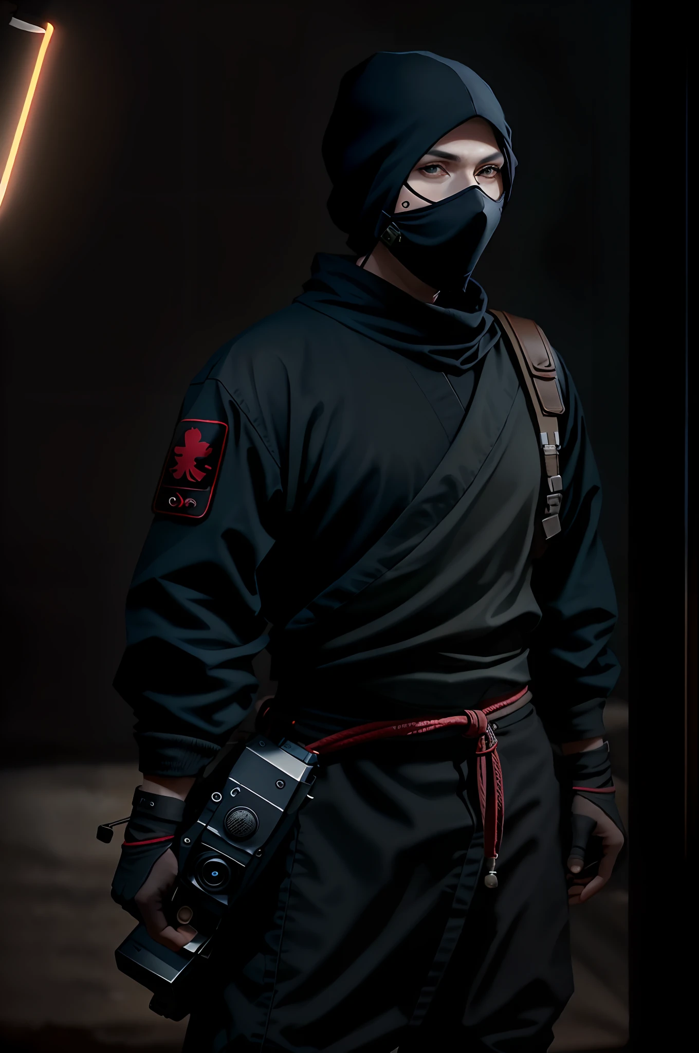 Realistic ninja holding a camera on gimbal