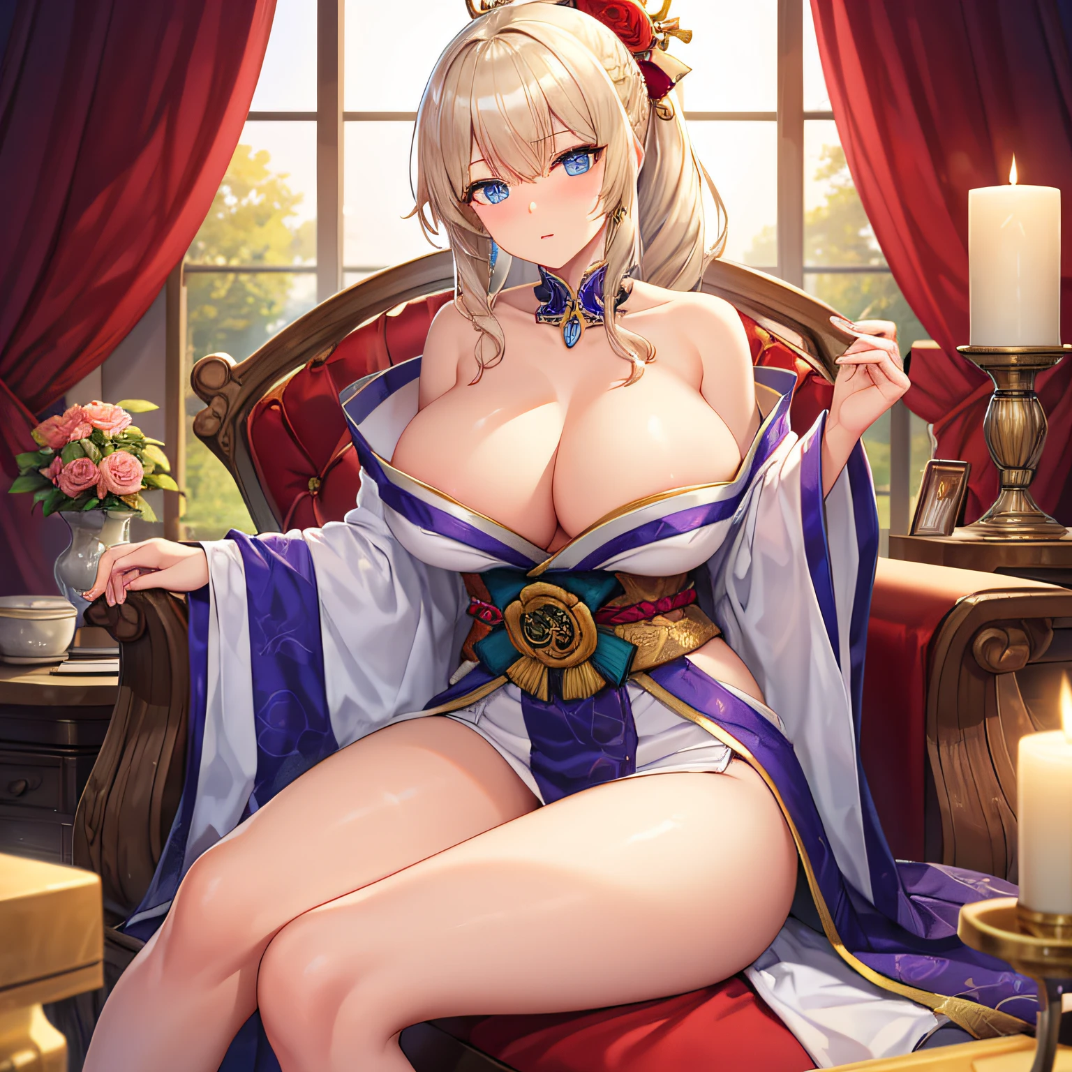 One mature platinum blonde mature European female with curly hair, long braided ponytail, blue eyes, full lips, detailed beautiful face, mild, 30 years old, large chest, wide hips, curvy physique, cleavage, blushing, seductive eyes, wearing open shiny white silk kimono with detailed gold with silver floral pattern, sitting on wooden throne, (((bare chest))),((bare legs)), sunset, red curtains, ((crystal ball: 1.5)), candles, bookshelf, (((solo))), (masterpiece), erotic, seductive, bare shoulders, huge boobs, (((milf)))