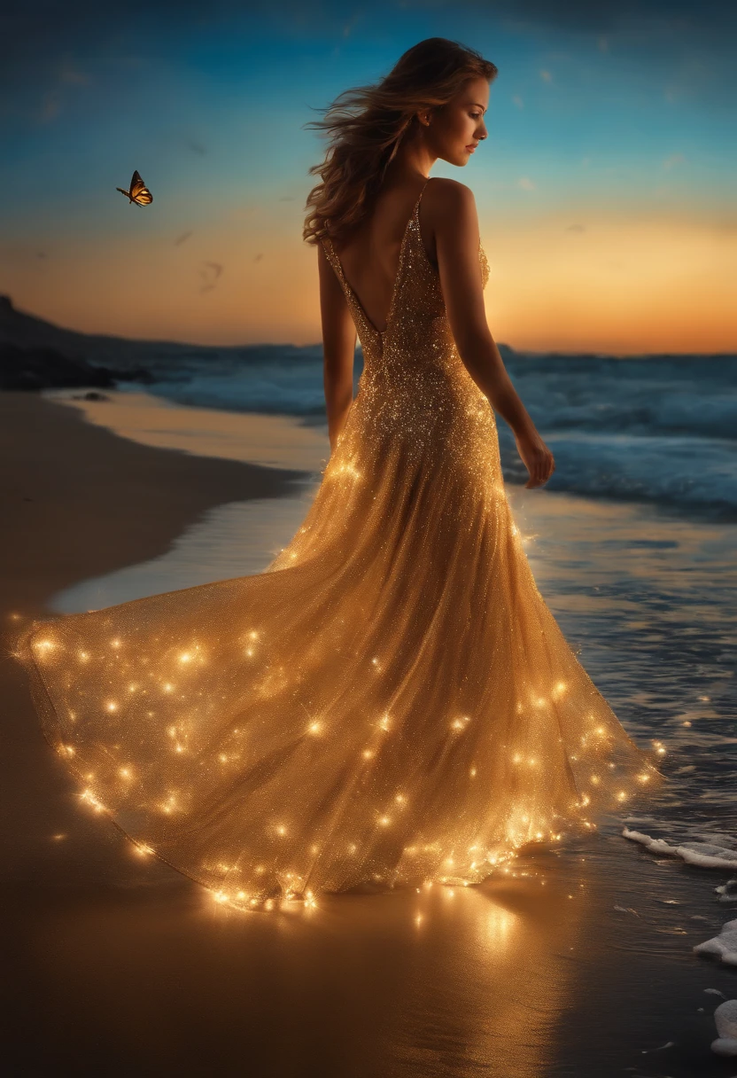 A picture depicts a woman in a golden dress dancing elegantly on the beach。There are glowing blue butterflies in the background,Light painting effect,The background is a sea of numbers,The woman's feet seem to have gorgeous water walking effects in the style of digital art。The overall style is a combination of magical realism and romantic realism,The colors are dominated by blue and amber,And with a glowing effect。