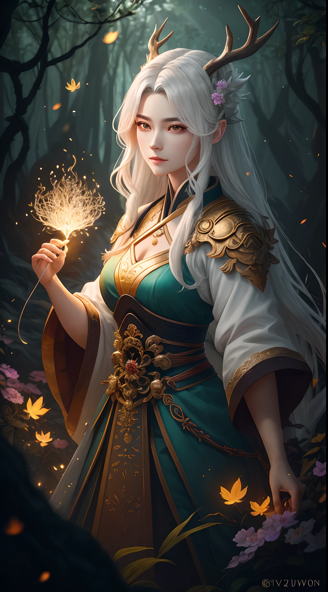 Masterpiece, best quality, (very detailed CG unified 8k wallpaper), (best quality), (best illustration), (best shadow), close-up of a beauty with white hair and white mask, beautiful figure painting, Guvitz, Guwiz style artwork, white-haired god, Yang J, epic exquisite character art, amazing character art, Fan Qi, Wu Zhun Shifan, Guwiz in pixiv art station, glowing elf, with a glowing deer, drinking water in the pool, Natural elements in forest theme. Mysterious forest, beautiful forest, nature, surrounded by flowers, delicate leaves and branches surrounded by fireflies (natural elements), (jungle theme), (leaves), (branches), (fireflies), (particle effects) and other 3D, Octane rendering, ray tracing, super detailed