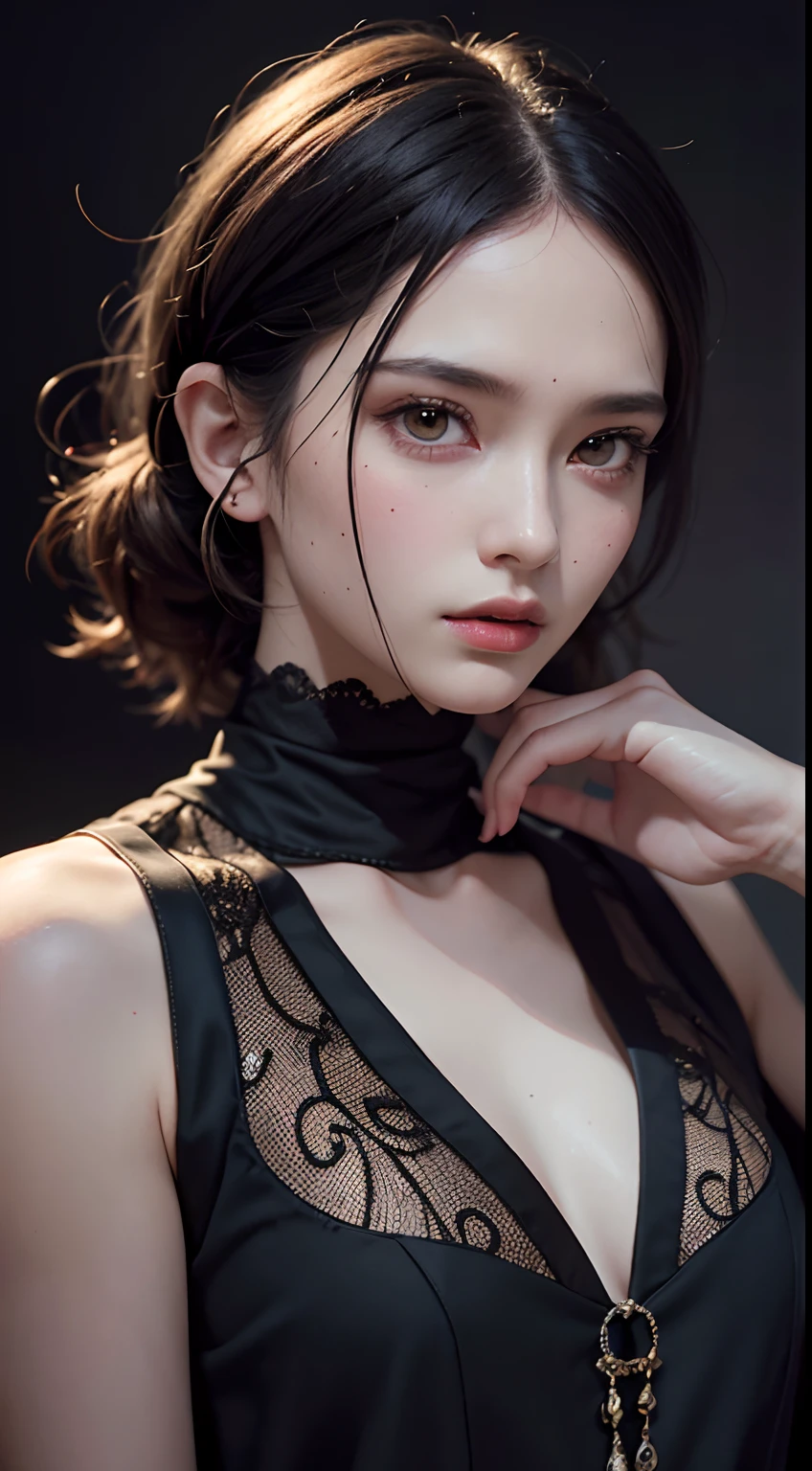 masterpiece, best quality, 8k, absurdres, beautiful girl, (night, upper body, dark background:1.4), (classical dress:1.6), dark studio, rim lighting, dimly lit, low key, ultra realistic, highres, photography, film grain, chromatic aberration, depth of field, sharp focus, HDR, facelight, dynamic lighting, cinematic lighting, professional shadow, dark shadow, highest detailed, extreme detailed, ultra detailed, finely detail, real skin, delicate facial features, detailed face and eyes, sharp pupils, realistic pupils