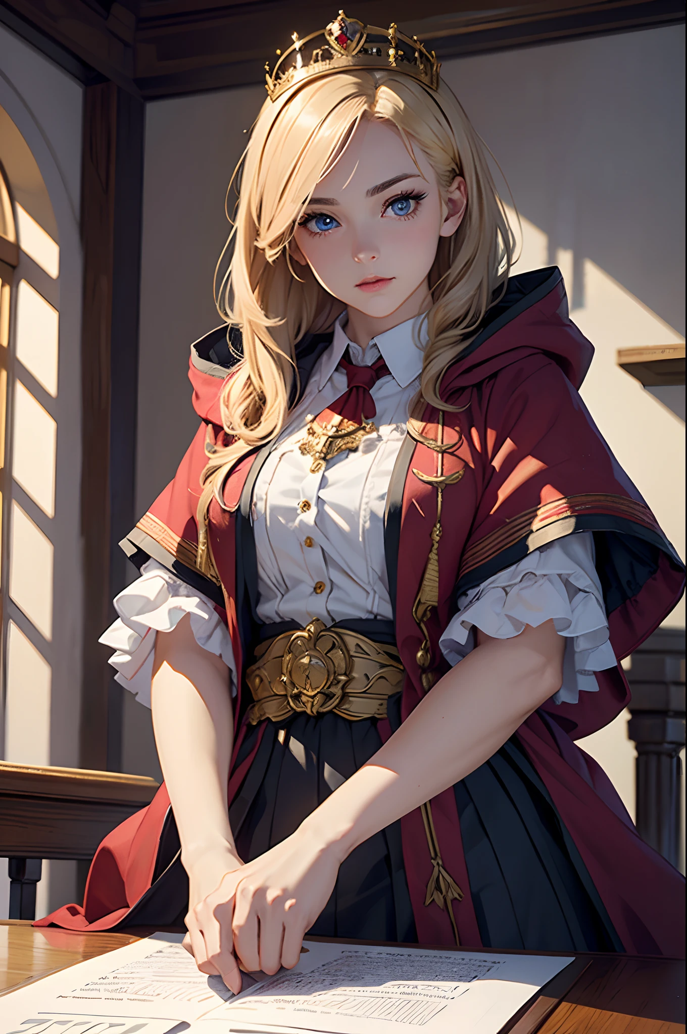 (Masterpiece: 1.2, Best quality), Realistic, (Realistic picture, Complex details, Depth of field), Best quality, Masterpiece, Highly detailed, Half realistic, 1 girl, Mature female, 21 years old, with short golden hair, The left eye is covered with hair, Blue eyes, The king's clothes, Red cloak, Slim figure, A crown made of precious gold, Read and mark up documents, quill, office desk, Soft bench，0