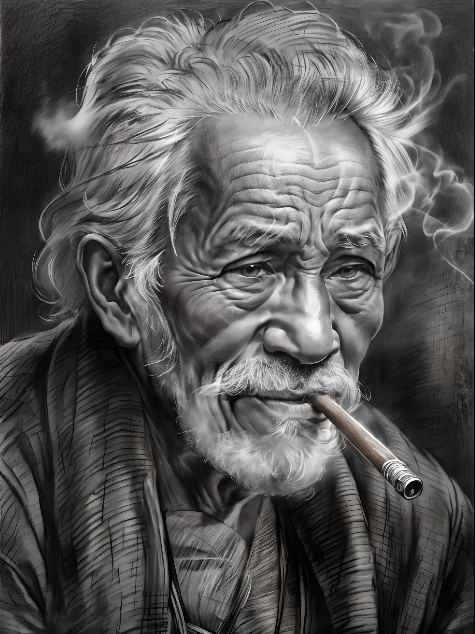 (Best quality,A high resolution),sketch art，a old man，smoking pipe，Tobacco bags，Detailed lines,Gentle expression,Wrinkles,Gray hair,Wise eyes,Soft Shading,Old and wise,Black and white pen,subtletextures,Charcoal effect,Contrast,emotive,真实感,Aging characteristics,traditional art