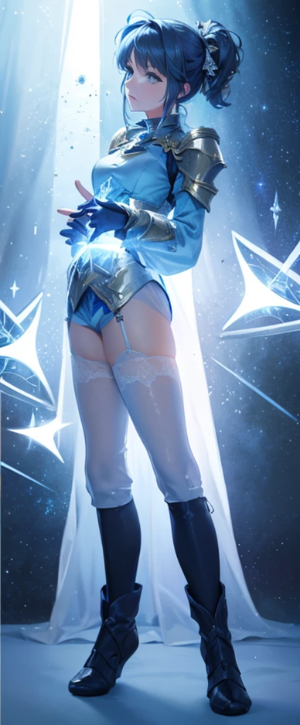 Beautiful paladin girl,Holding a shield,Extremely beautiful,High Balance, Natural light, Lace,blue colors,starrysky,Star decoration (Masterpiece, Highest quality),unreal-engine,Standing painting, angle of view,Tulle skirt,ssee-through,Over-the-knee black stockings