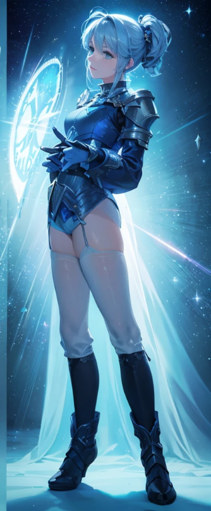 Beautiful paladin girl，Holding a shield，Extremely beautiful，High Balance, Natural light, Lace，blue colors，starrysky，Star decoration (Masterpiece, Highest quality)，unreal-engine，Standing painting, angle of view,Tulle skirt，ssee-through，Over-the-knee black stockings