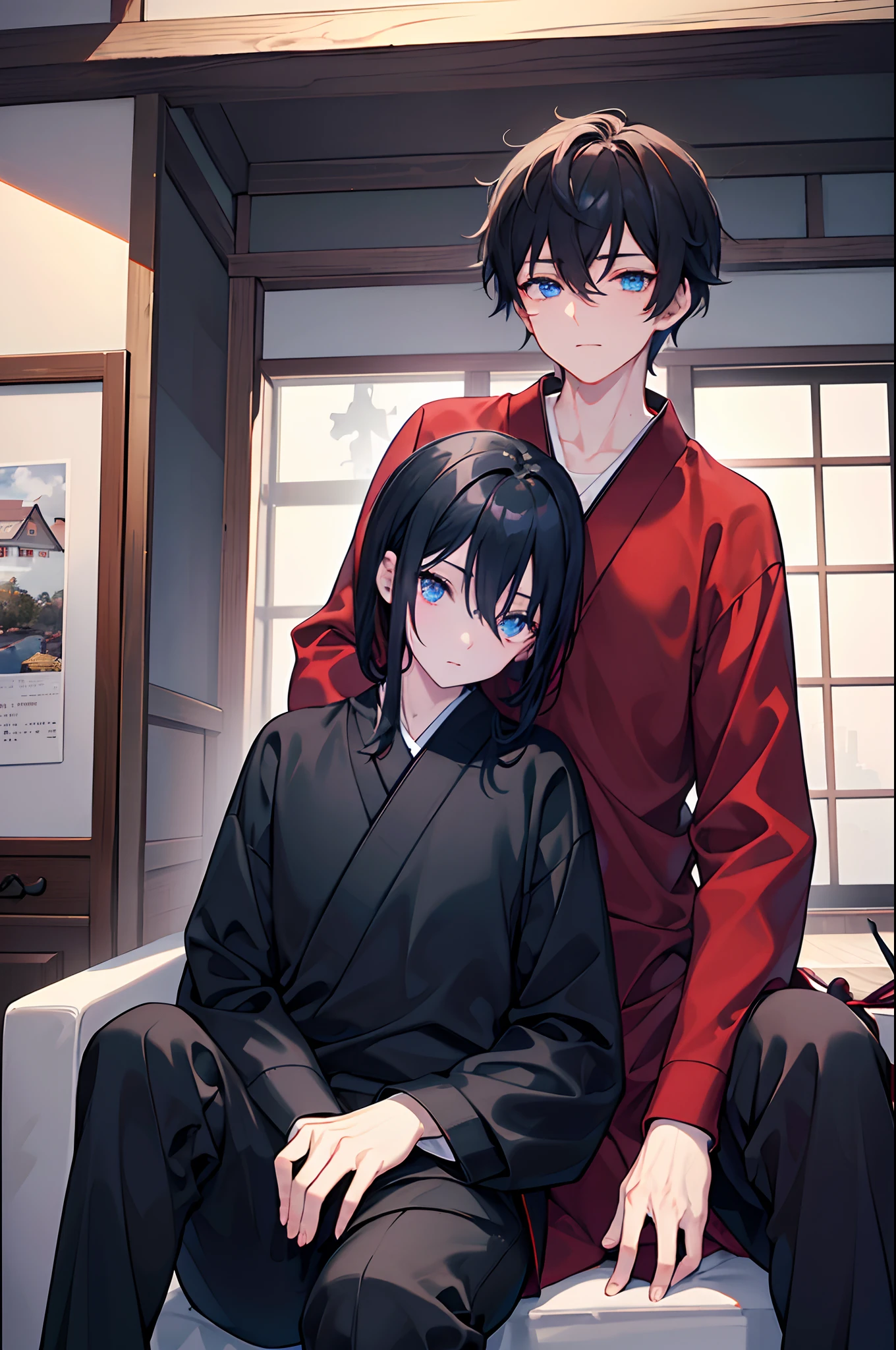 male people A dark-haired blue eyess Black slacks Sweaters Red coat Black socks Japanese houses in a house Cuddle the cat masterpiece Top image quality Clear cinematic shadow Increased attractiveness of the eyes Clear the shine of the eyes Draw eyelashes neatly Perfect Eye A detailed eye Sharpen image quality Sharpen eye writing Clear eye shape