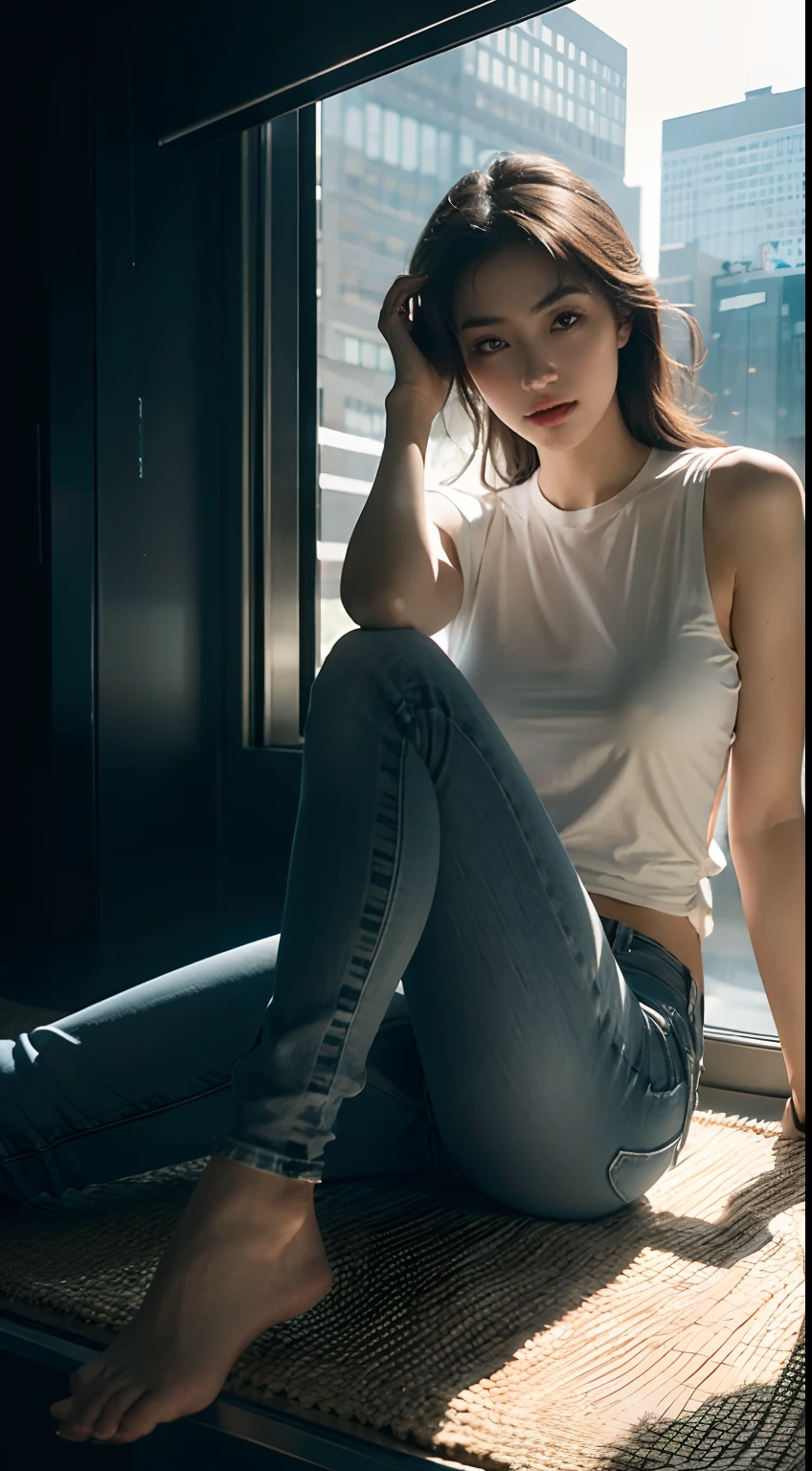 ((head to feet full body)), RAW, Masterpiece, Super Fine Photo, Best Quality, Ultra High Resolution, Photorealistic Photorealism, Sunlight, Full Body Portrait, Amazing Beauty, Dynamic Pose, Delicate Face, Vibrant Eyes, (From the side), She Wears Iron Man costume, Ragged Top, Jeans, Very Detailed Background, Detailed Face, Detailed Complex Busy Background, Messy, Gorgeous, Milky White, Highly Detailed Skin, Realistic Skin Details, Visible Pores, Sharp Focus, Volume Fog, 8K UHD, DSLR , high quality, film grain, fair skin, photorealism, lomography, sprawling metropolis in futuristic dystopia , seen from below, translucent