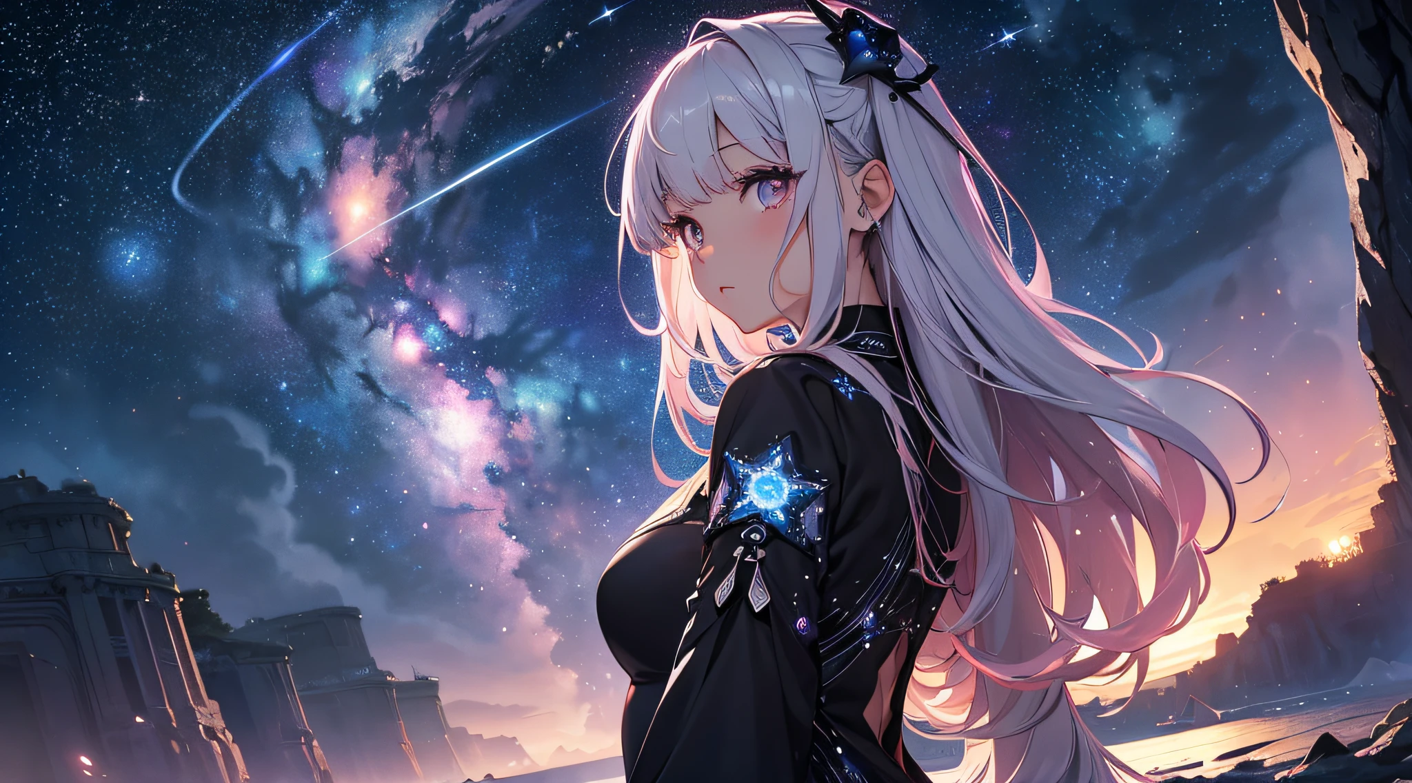 masterpiece、Background with((Fantastic starry sky、meteors、black hole))、Depth((Planets that glow pink))、a beauty girl、One-piece high-detail embroidery、Rear view、Silver-haired long、heavy wind、