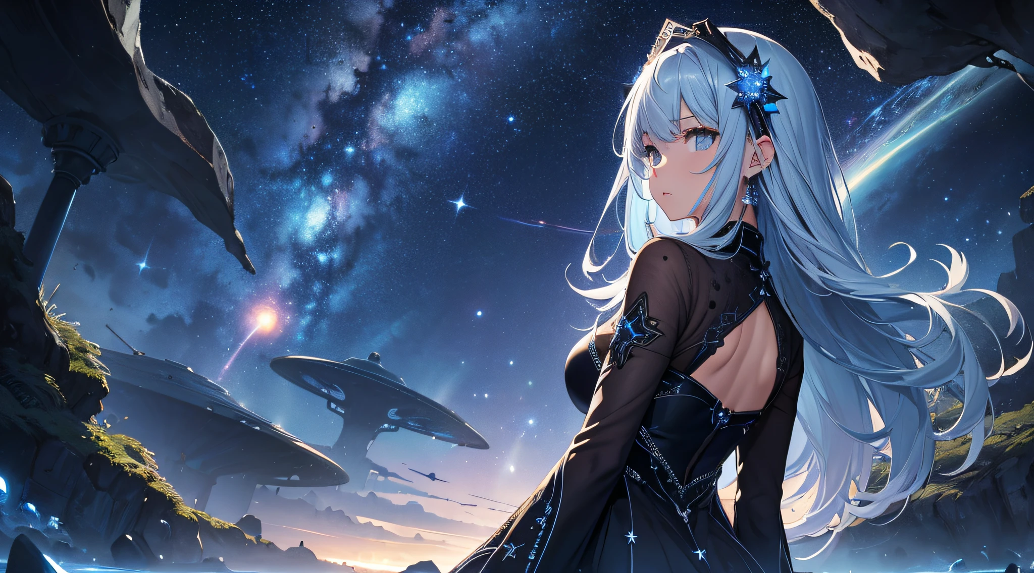 masterpiece、Background with((Fantastic starry sky、meteors、black hole))、Depth((Planets that glow light blue))、a beauty girl、One-piece high-detail embroidery、Rear view、Silver-haired long、heavy wind、