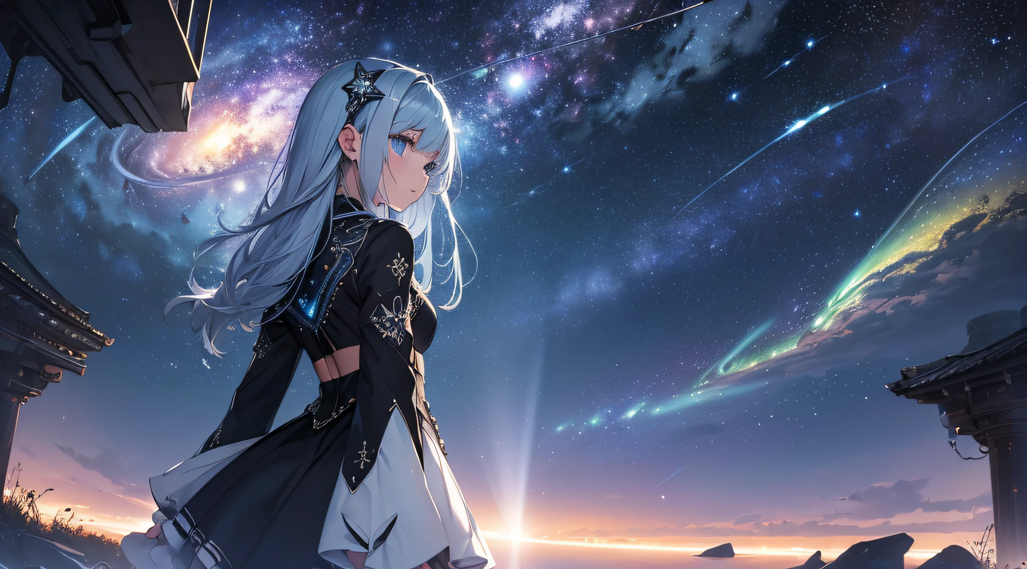 masterpiece、Background with((Fantastic starry sky、meteors、black hole))、Depth((Planets that glow light blue))、a beauty girl、One-piece high-detail embroidery、Rear view、Silver-haired long、heavy wind、