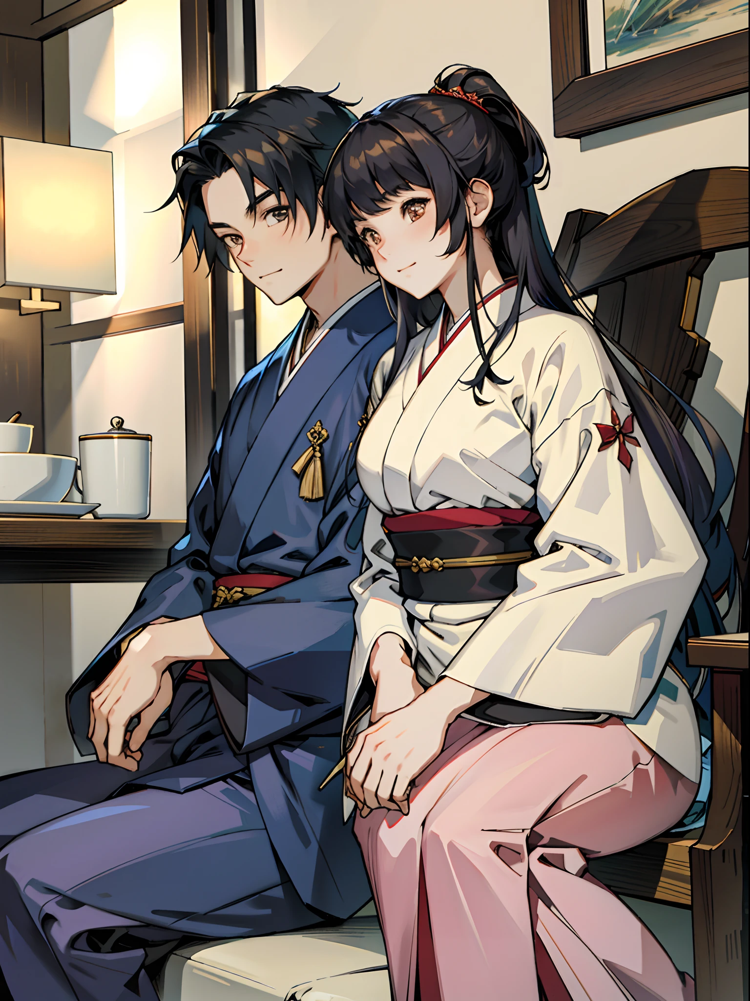 master piece,best quality,Young Japan man and young Japan woman sitting side by side,Happy expression on face,Lovers,Detailed attire