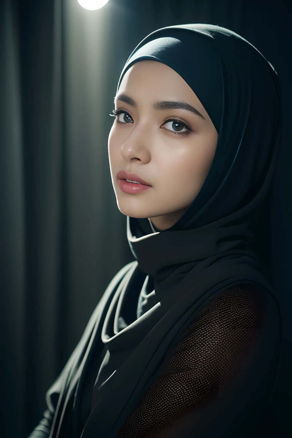 hijabi, reflection light, chiaroscuro, depth of field, cinematic lighting, ray tracing, Sony FE GM, UHD, super detail, masterpiece, textured skin, high details, best quality, award winning,3D, A beautiful cyberpunk female image,hdr(HighDynamicRange),Ray traching,NVIDIA RTX,Hyper-Resolution,Unreal 5,Subsurface scattering、PBR Texture、post-proces、Anisotropy Filtering、depth of fields、maximum definition and sharpness、Many-Layer Textures、Albedo e mapas Speculares、Surface coloring、Accurate simulation octane rendering of light-material interactions、Two-colored light、largeaperture、Low ISO、White balance、the rule of thirds、8K raw data、blackstockings