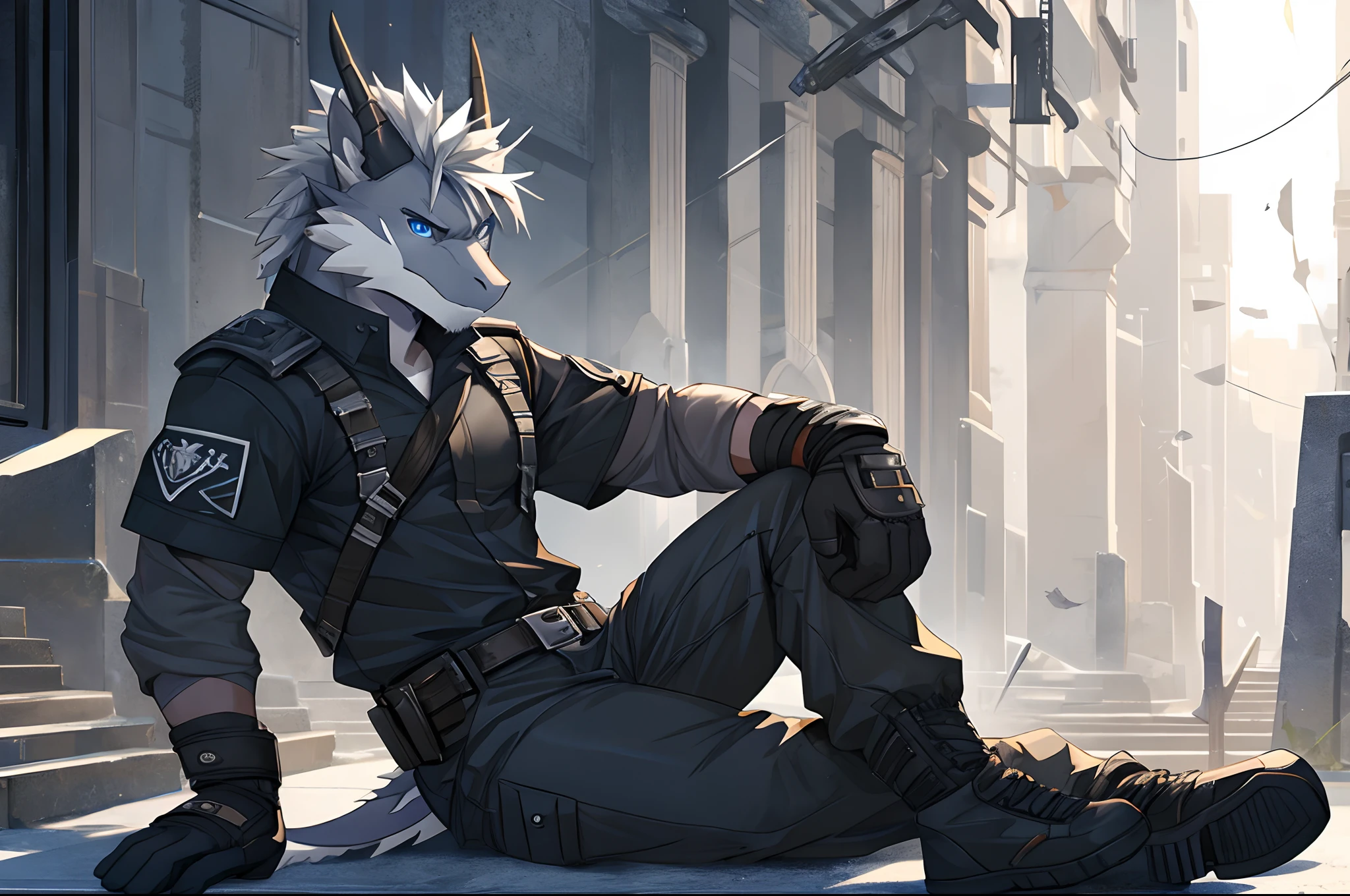 Masterpiece, Solo, Cool Pose, Furry Gray Dragon, Medium Strong Body, Blue Eyes, Grey Medium Hair, Combat Black Shirt, Combat Gloves, Combat Pants, Fierce, Good looking, Sitting.
