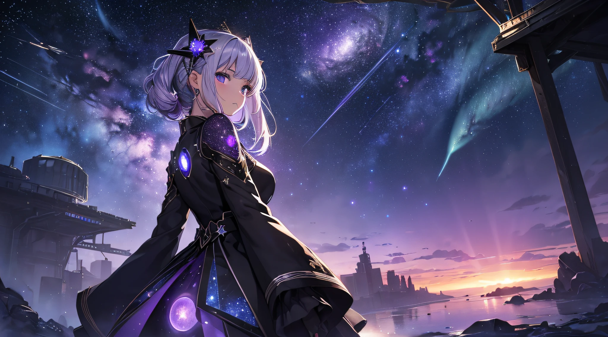 masterpiece、Background with((Fantastic starry sky、meteors、black hole))、Depth((Planets that glow purple))、a beauty girl、One-piece high-detail embroidery、Rear view、Silver-haired long、heavy wind、