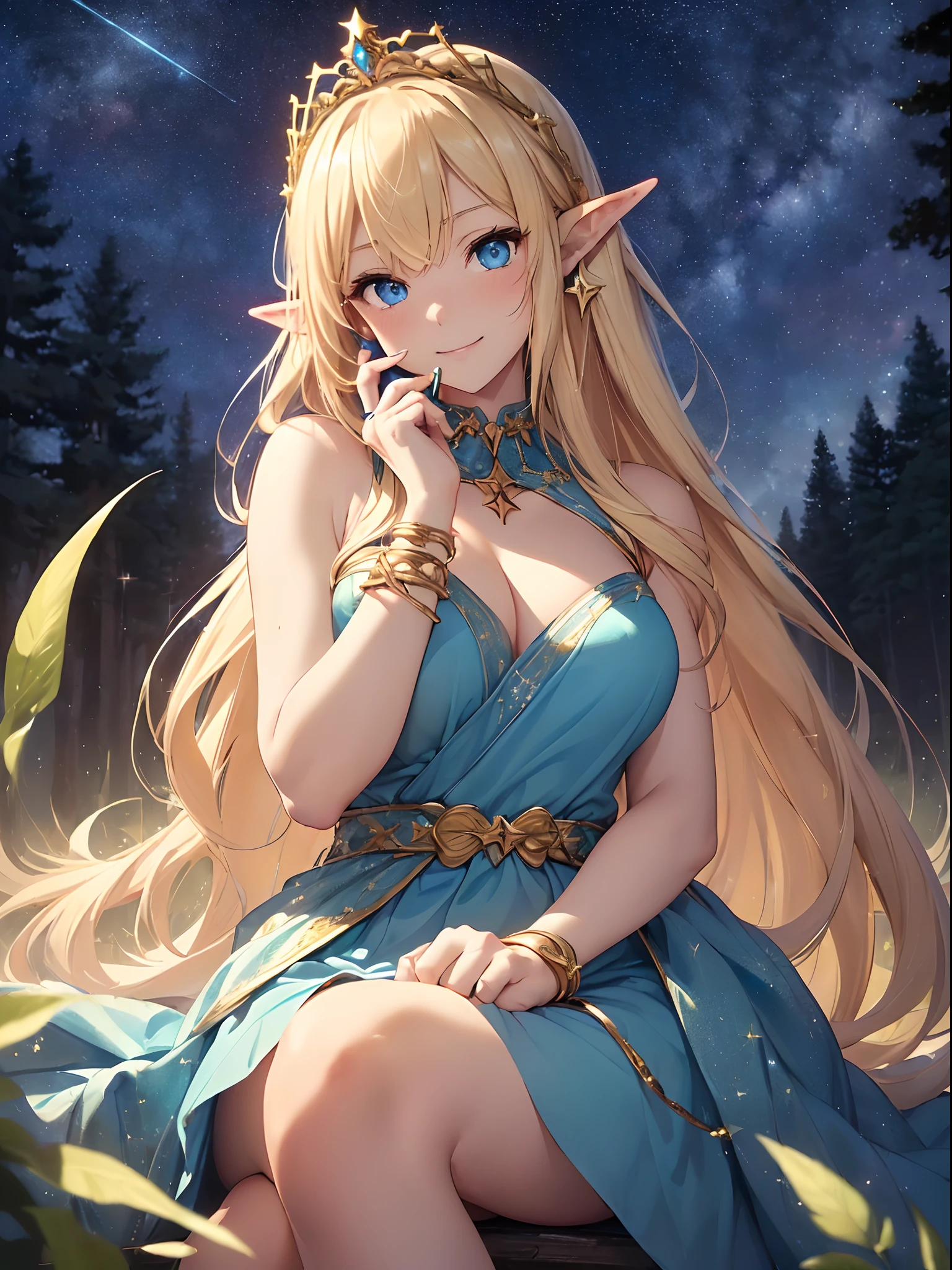 top-quality、Top image quality、masterpiece、girl with3a person((14years、Best Bust、big bast、Bust 90,Beautiful blue eyes、,Blonde long hair、A slender、Fairy feathers、In beautiful dresses of various colors、a closeup、Playing the flute、Gold ring on wrist、beautiful tiara、hiquality、Beautiful Art、Background with((starrysky)))masutepiece、visualart、depth of fields、sky at night、raise arms、 dynamic movements、low angles、A sexy、Elven ears、light magic、sitting on、in beautiful woods、Big trees、mid night、Flute melodies🎵、Fun Concerts、Happy smile、Gentle light