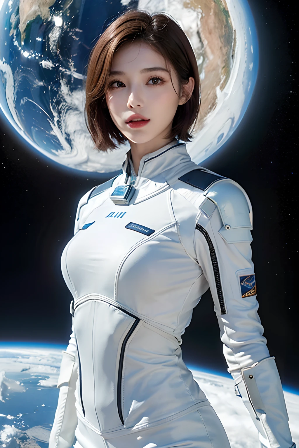 top-quality、masterpiece、超A high resolution、(realisitic:1.4)、Beautuful Women1、Beautiful detail eyes and skin、ssmile、Light brown short-cut hair、The perfect spacesuit、spaceships、cosmic space、iced&Snow Planet、