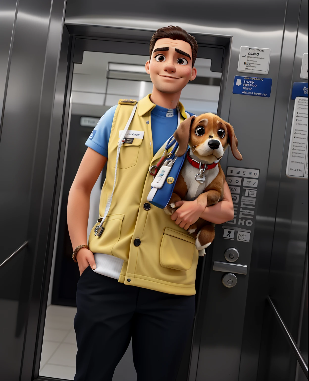 Um cara tirando foto no espelho do elevador com o seu cachorro no colo
