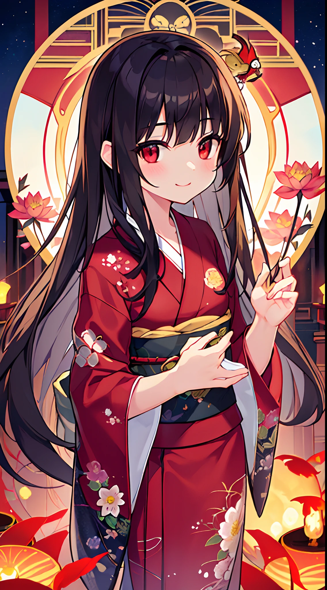 (top-quality), (masterpiece)、(ultla detailed)、(Beauty alone:1.3)、cute little、offcial art、A smile、Outside、(Looking down)、Looking away、(Standing)、(FULL BODYSHOT)、(Floral kimono:1.3)、(Goldfish in the air:1.2)、(Inside the dark temple:1.3)、(18year old:1.3)、Medium chest、(A dark-haired:1.5)、(Straight hair:1.5)、(Longhaire:1.5)、Blunt bangs、red eyes、hair adornments、The lotus flowers、Giant goldfish statue、FULL BODYSHOT、(Indian Lamps)