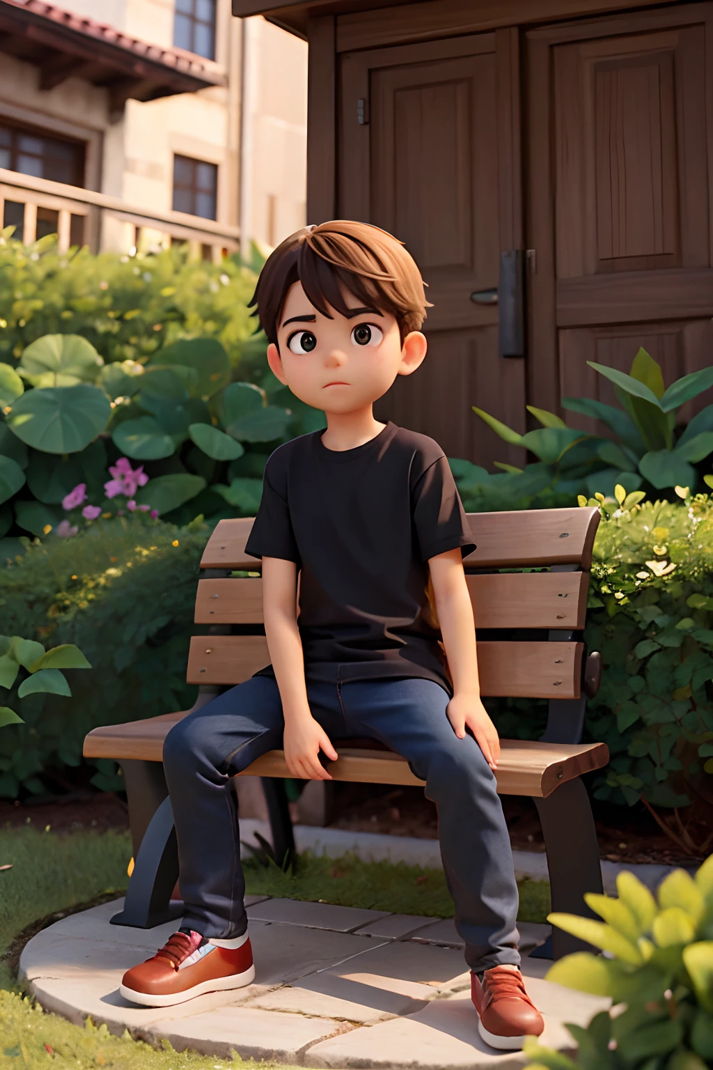 A imagem mostra um sentado em um banco de madeira, which is located near a fence. The boy is wearing a black shirt and appears to be looking at the camera. The bench is positioned in the middle of the scene, com a cerca estendendo-se para os lados esquerdo e direito da imagem. The boy's posture and the presence of the bench suggest that this could be a park or a similar outdoor environment.Gere essa imagem no estilo de anima