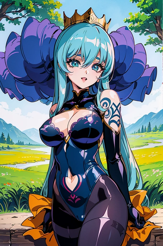"(masterpiece:1.1), best quality,
1girl, (80s anime style:1.3), (eyelashes:1.5), (:1.2),
(intricate high detailed body:1.2),
blue hair,
(hair between eyes:1.1), (long hair, drill hair:1.2), (crown:1.2),
green eyes, (lip stick:1.4),
(huge breasts:1.1),
(evil smile:1.2), open mouth,
(see-through body suit armor, navel cutout, tattoo:1.2), (pantyhose:1.2),
(frill:1.1), (jewelry:1.1), gloves,
standing, arms behind back,
(upper body, cowboy shot, looking at viewer, from front:1.1),
(daytime, woods, grassland, outdoors:1.1)"