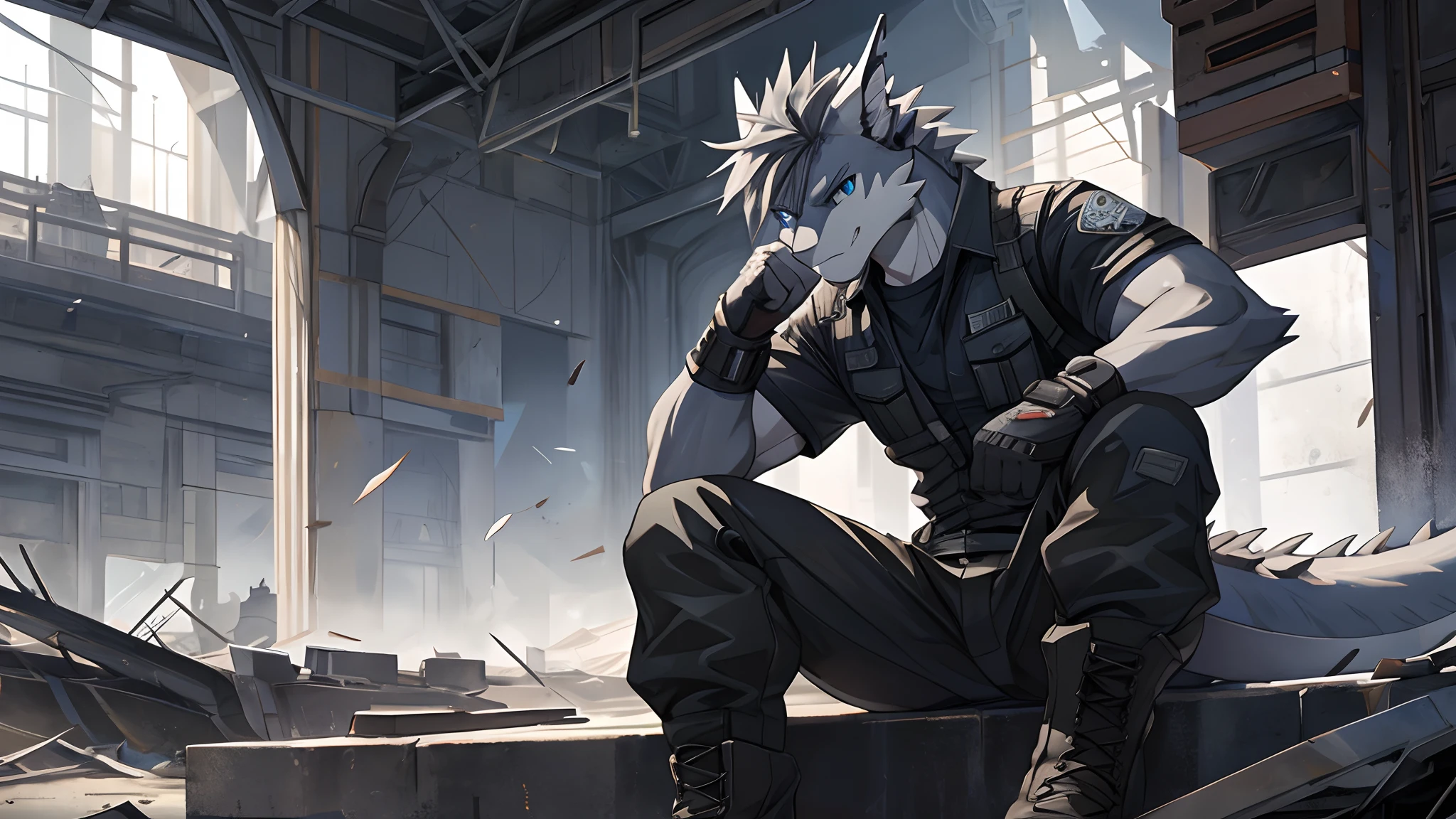 Masterpiece, Solo, Cool Pose, Furry Gray Dragon, Medium Strong Body, Blue Eyes, Grey Medium Hair, Combat Black Shirt, Combat Gloves, Combat Pants, Fierce, Good looking, Sitting. After War Background.