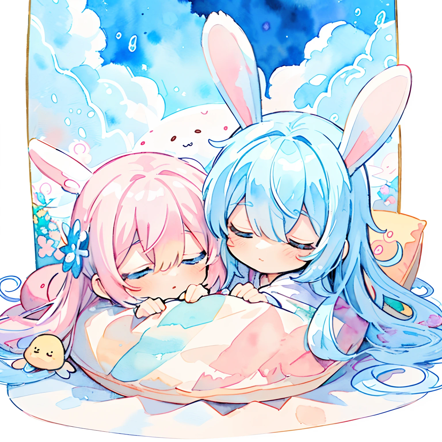 (PastelColors:1.5)、(Cute illustration:1.5)、(watercolor paiting:1.2)、(1 girl:1.0)、hair between eye、 Light blue hair, angels, long hair girls, lovely background clouds, mini-characters, small light blue jellyfish floating around, sleeping on a futon, sleeping on one's face, colorful clouds, white rabbit ears, drooping rabbit ears