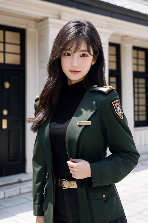 (Top resolution、distinct_image) best qualtiy、femele、beutiful breast、逼真、Photoquality、Black long hair、A dark-haired、bangss、17 age、Black military uniform、Military Academy、Black miniskirt、Background inside the house、Open chest of outerwear 1:9、Beautiful cleavage 1:2、