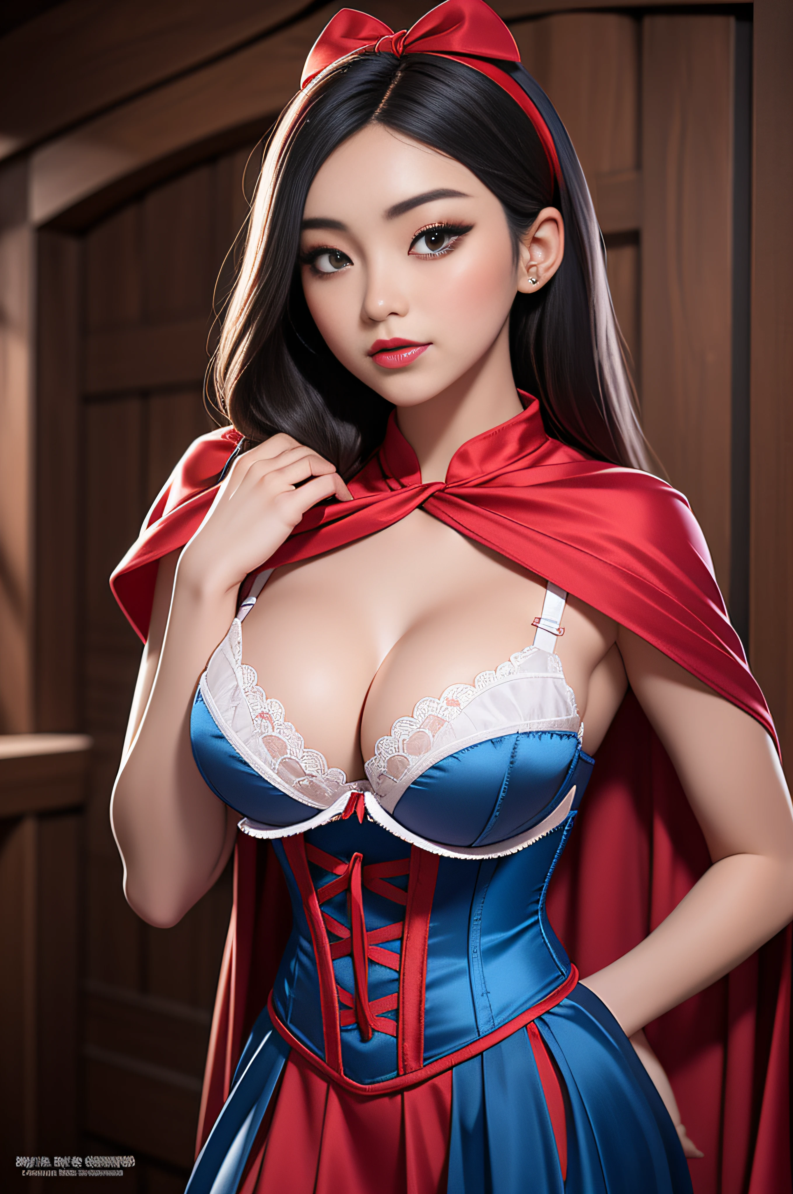 Beautiful Korean 18 year old woman, wearing snow white cosplay, blue silk corset, red silk cape, yellow silk pleated skater skirt, , black bob hair, red hairband, , masterpiece, photorealistic, amazing detailed face, silk bra, padded bra