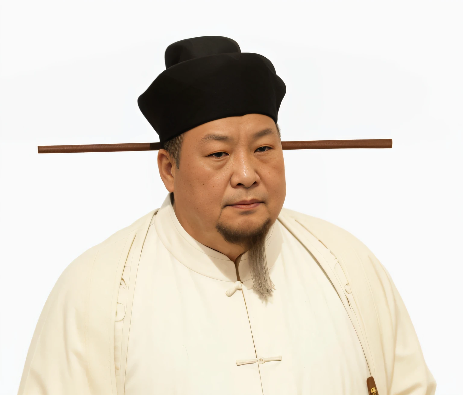 A man wears a hat，The image of a stick on his head, by Xuande Emperor, round portruding chin, white  clothes，Inspired by Song Taizu Zhao Kuangyin，Emperor Huizong, by Emperor Huizong of Song, feng shu, Ming dynasty, hua cheng, inspired by Xuande Emperor, pan ren wei, tian zi, inspired by Dong Yuan, tang mo，