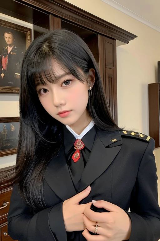 (Top resolution、distinct_image) best qualtiy、femele、beutiful breast、逼真、Photoquality、Black long hair、A dark-haired、bangss、17 age、Black military uniform、Military Academy、Black miniskirt、Background inside the house、Open chest of outerwear 1:9、Beautiful cleavage 1:2、